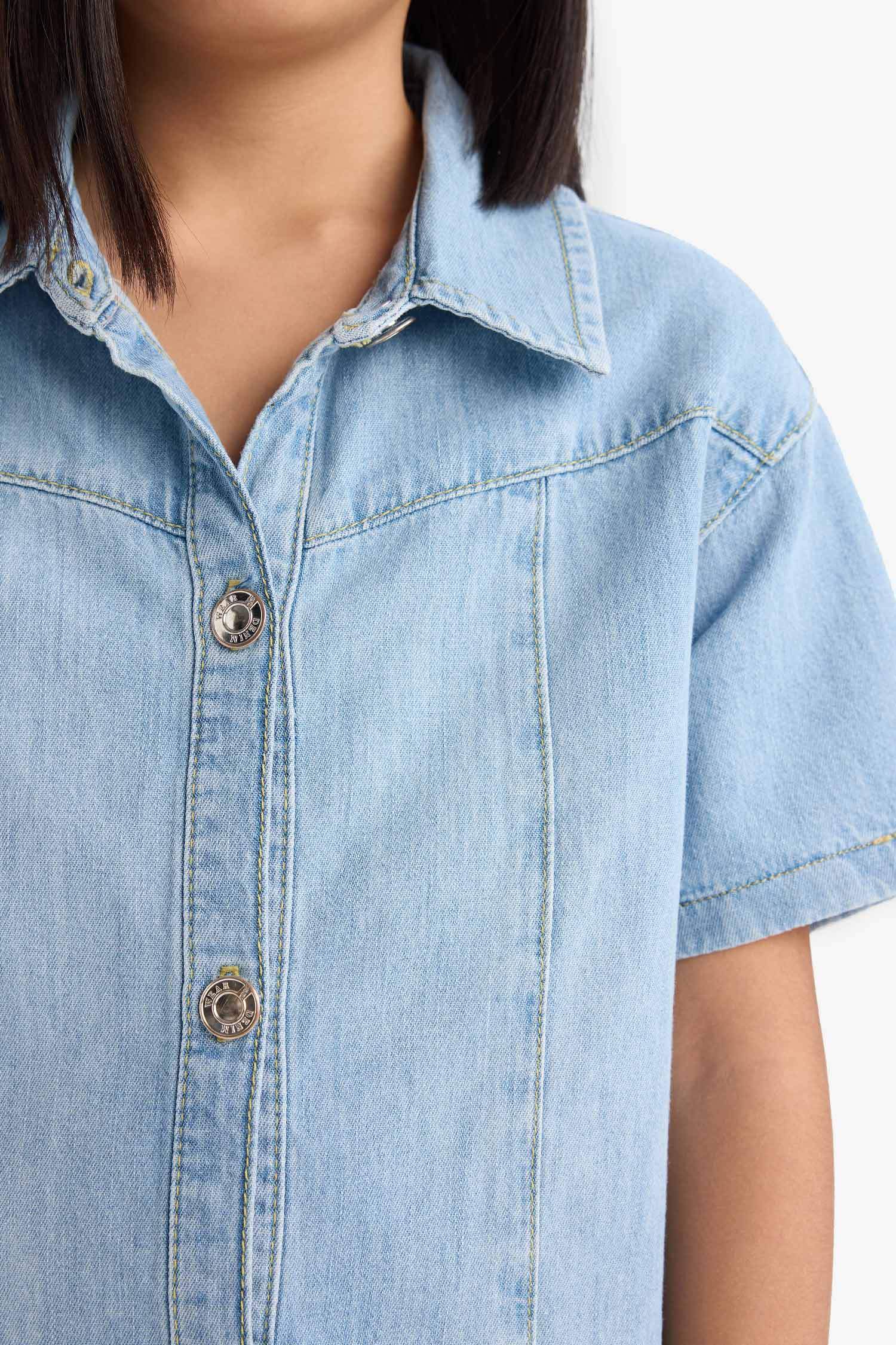 Girl Shirt Collar Short Sleeve Cotton Denim Dress