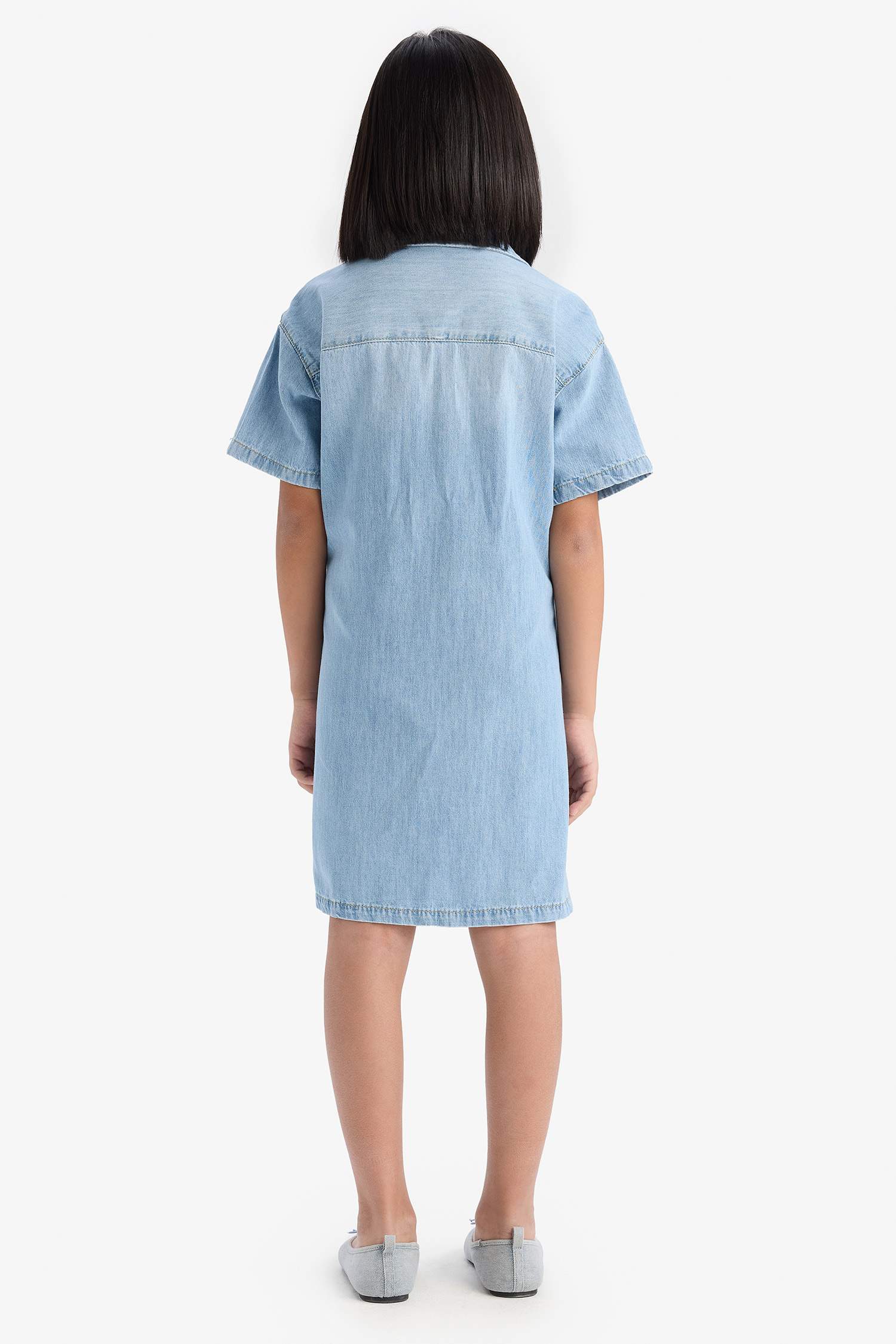 Girl Shirt Collar Short Sleeve Cotton Denim Dress