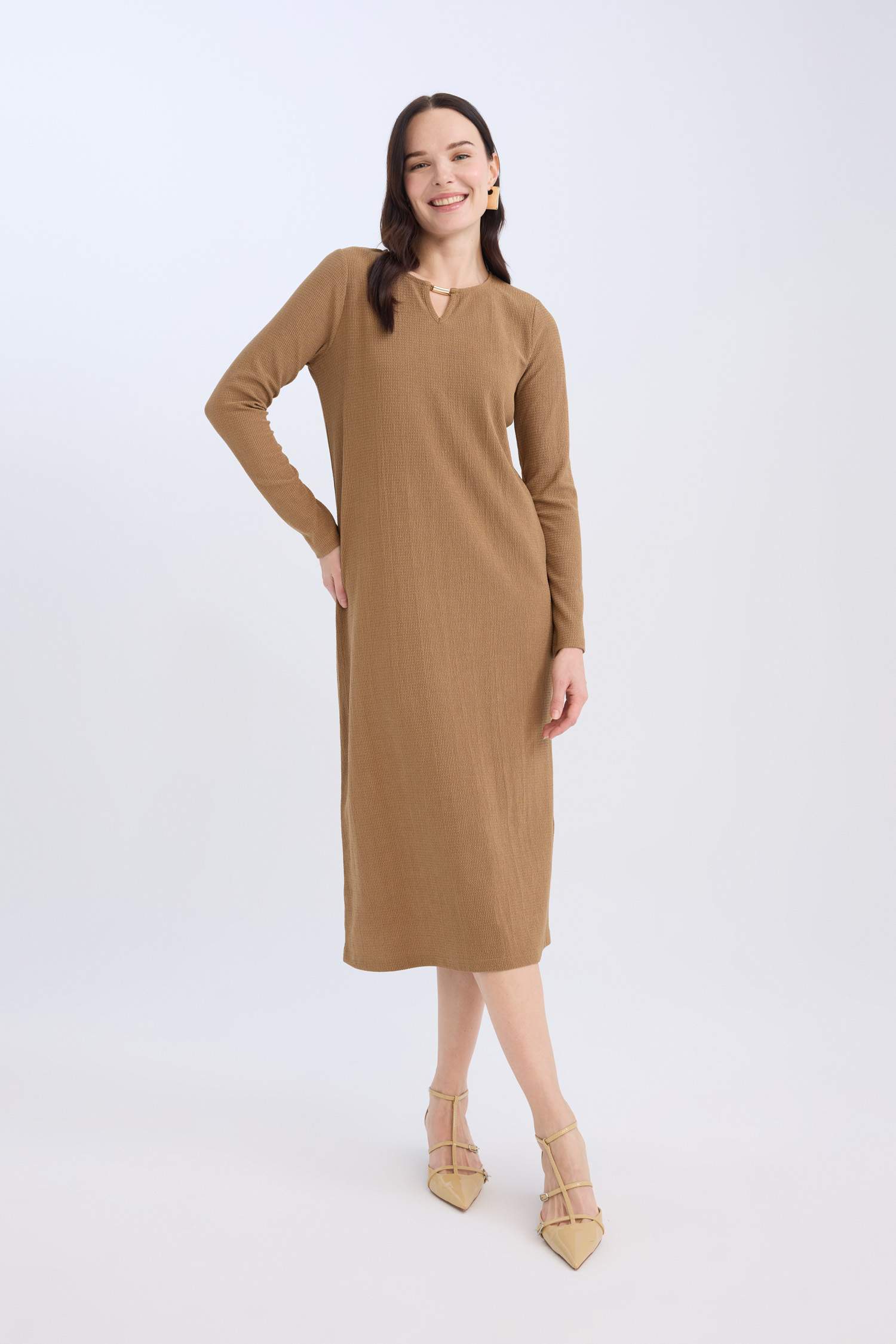 Bisiklet Yaka Basic Düz Bürümcük Uzun Kollu Maxi Elbise