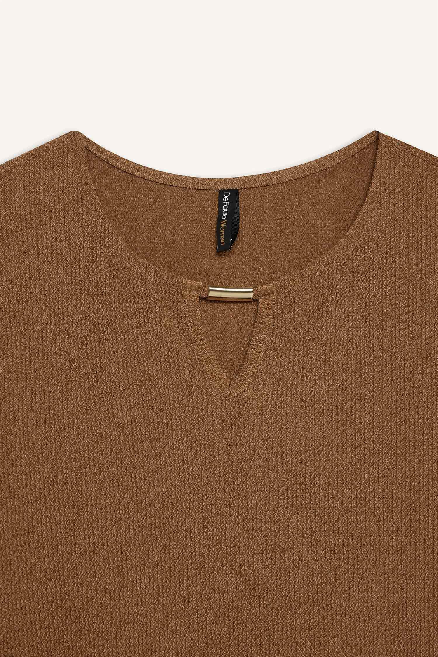 Bisiklet Yaka Basic Düz Bürümcük Uzun Kollu Maxi Elbise