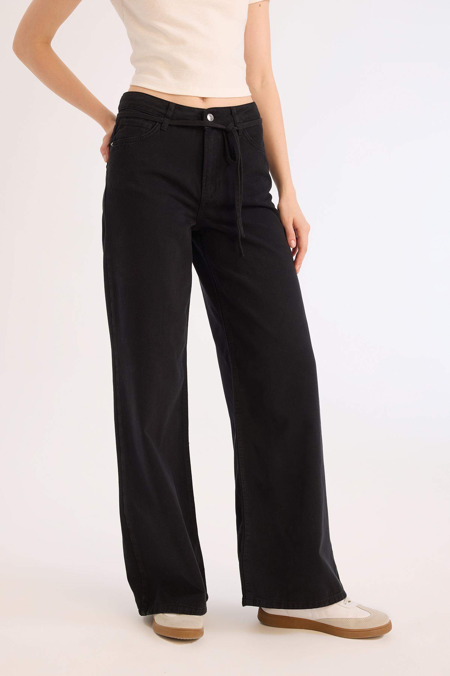 Pantalon taille haute large en gabardine