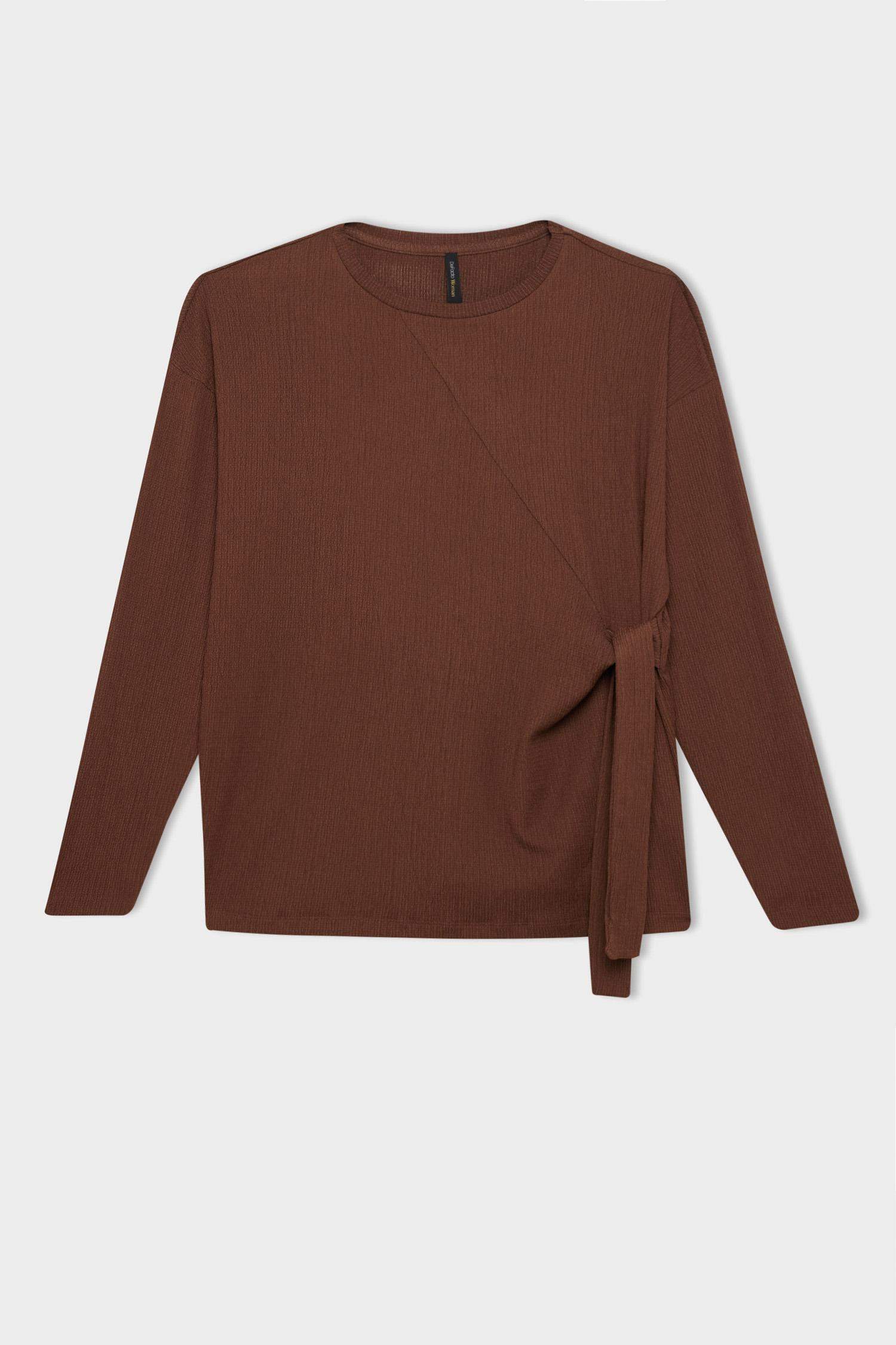 تيشيرت كم طويل القماش المنسوج قصة عادية برقبة مستديرة