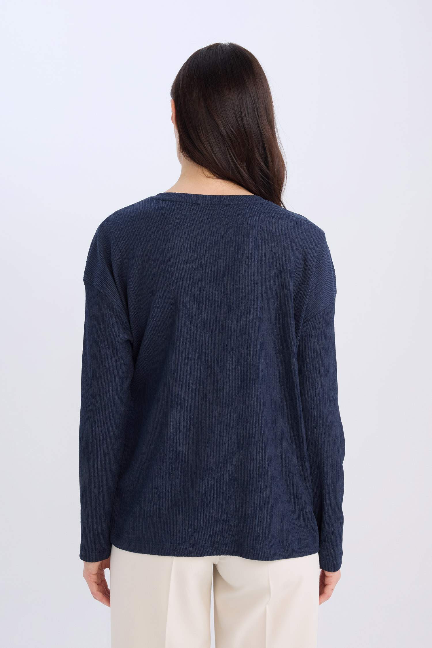 Bisiklet Yaka Bağlama Detaylı Casual Bürümcük Uzun Kollu Lacivert Tişört