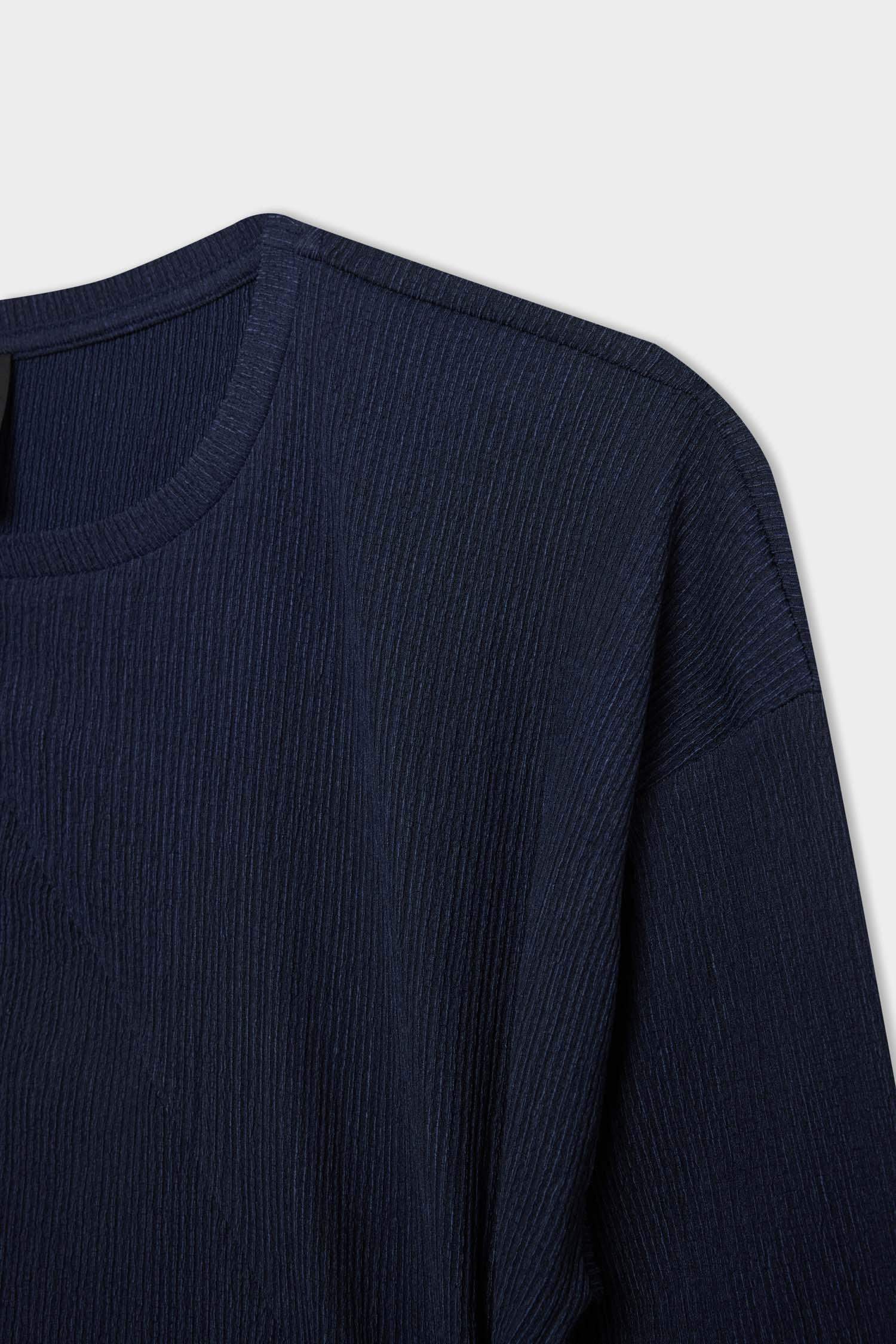 Bisiklet Yaka Bağlama Detaylı Casual Bürümcük Uzun Kollu Lacivert Tişört