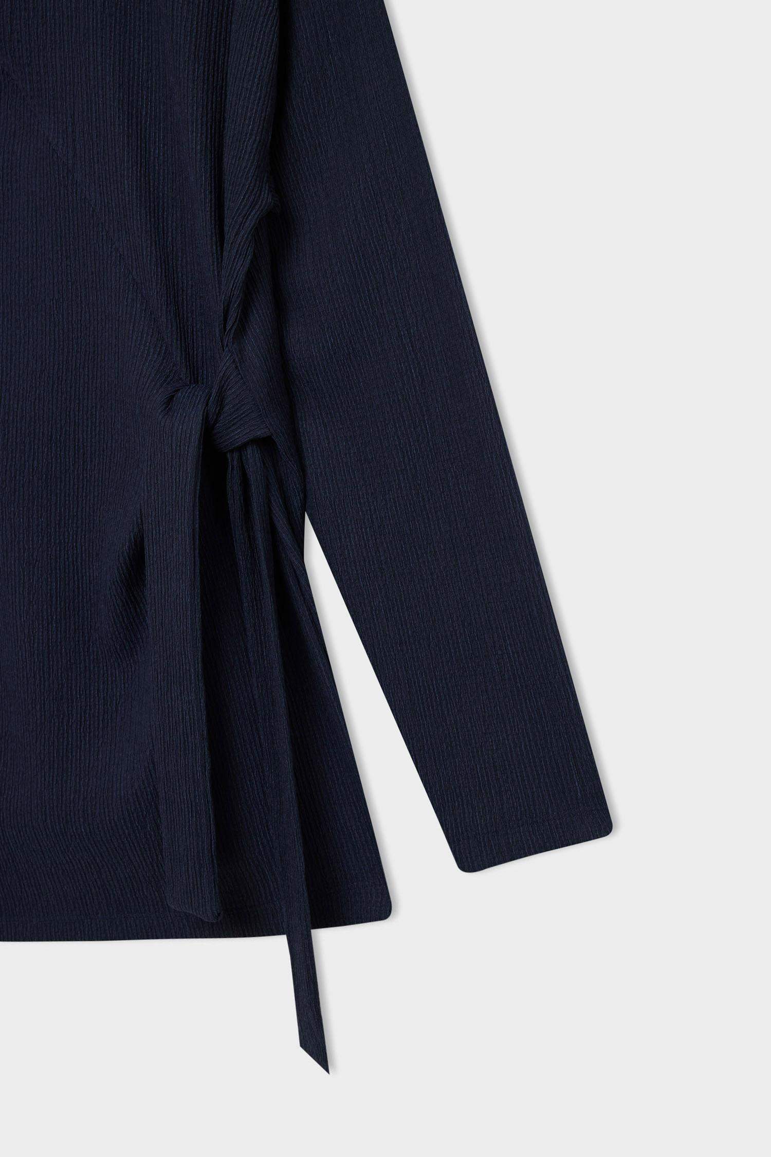 Bisiklet Yaka Bağlama Detaylı Casual Bürümcük Uzun Kollu Lacivert Tişört