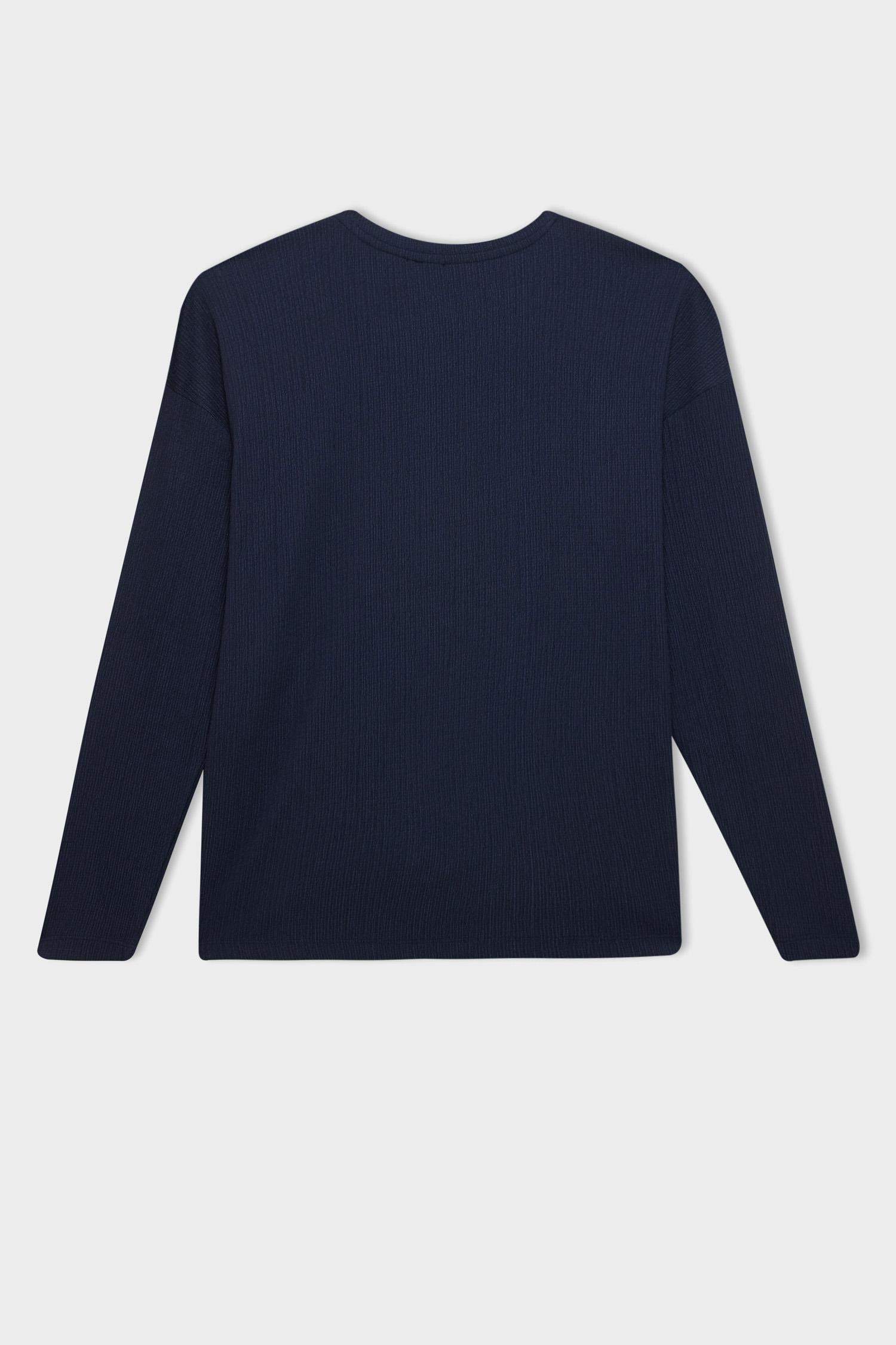 Bisiklet Yaka Bağlama Detaylı Casual Bürümcük Uzun Kollu Lacivert Tişört