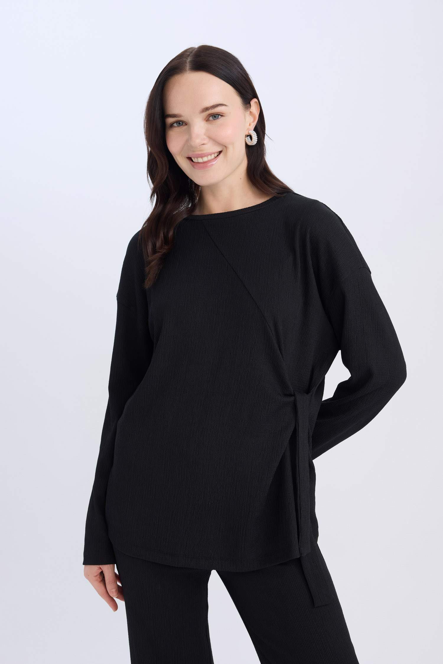 Regular Fit Bisiklet Yaka Basic Düz  Bürümcük Uzun Kollu Tişört