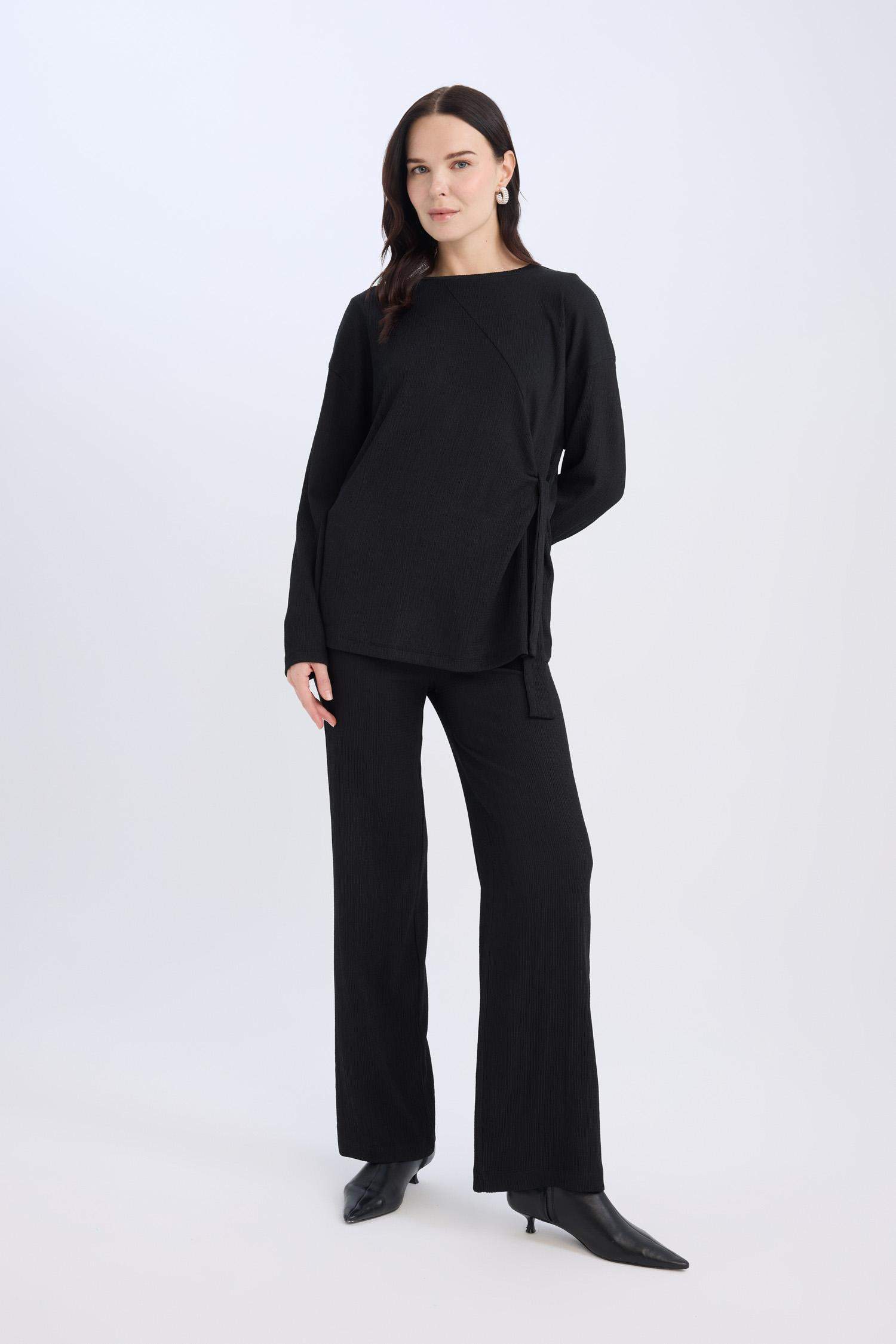 Regular Fit Bisiklet Yaka Basic Düz  Bürümcük Uzun Kollu Tişört