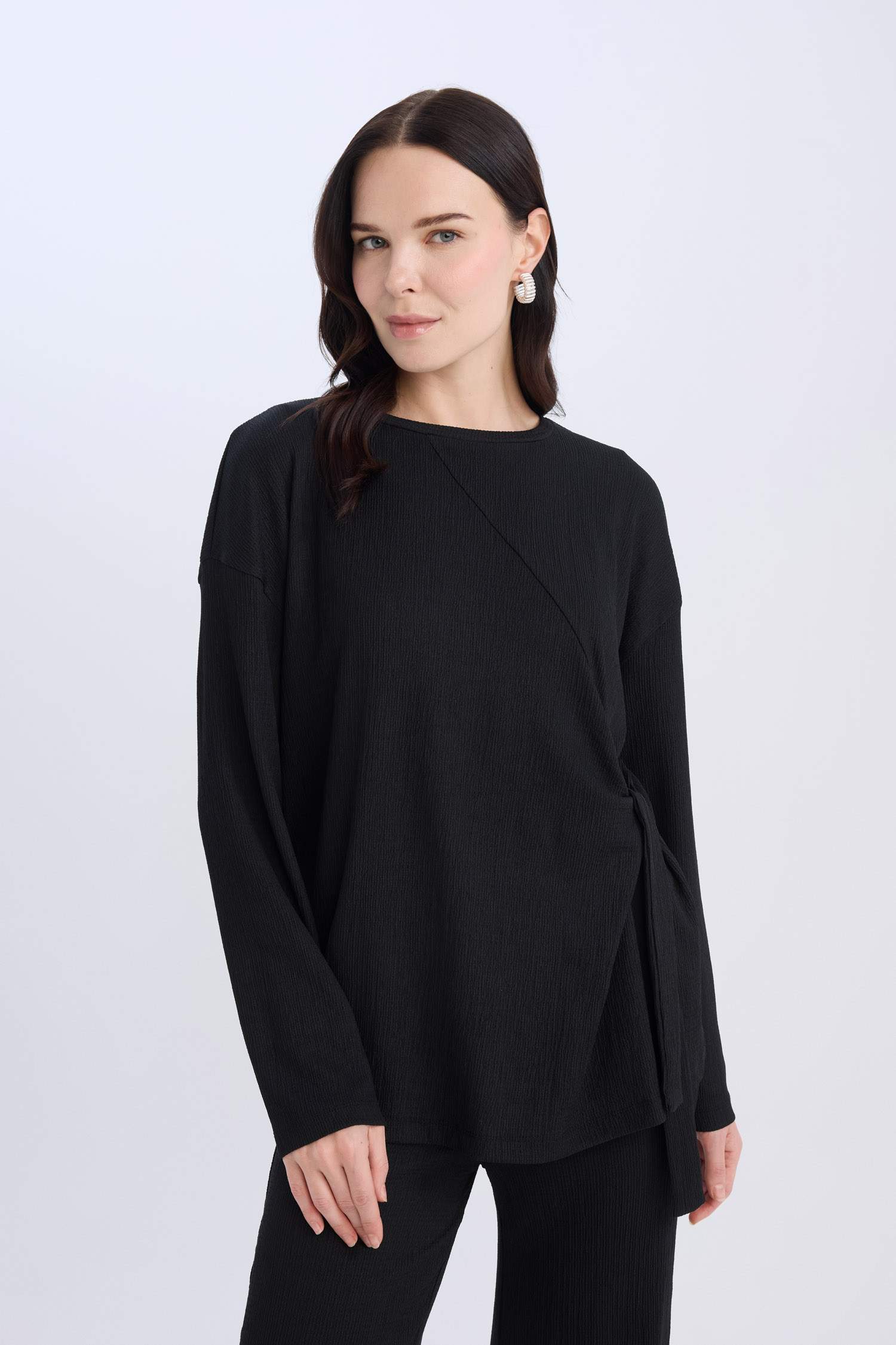 Regular Fit Bisiklet Yaka Basic Düz  Bürümcük Uzun Kollu Tişört