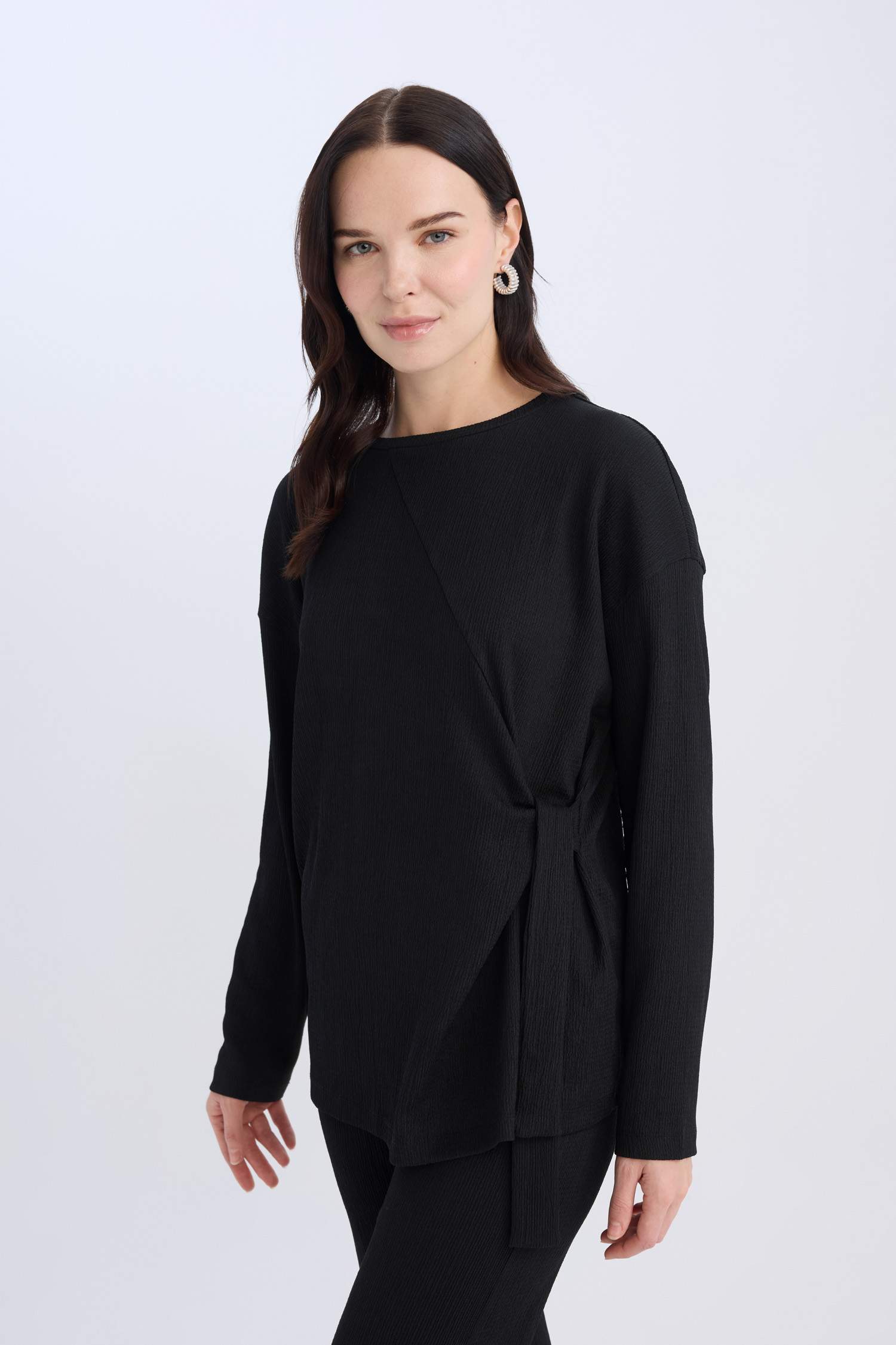 Regular Fit Bisiklet Yaka Basic Düz  Bürümcük Uzun Kollu Tişört