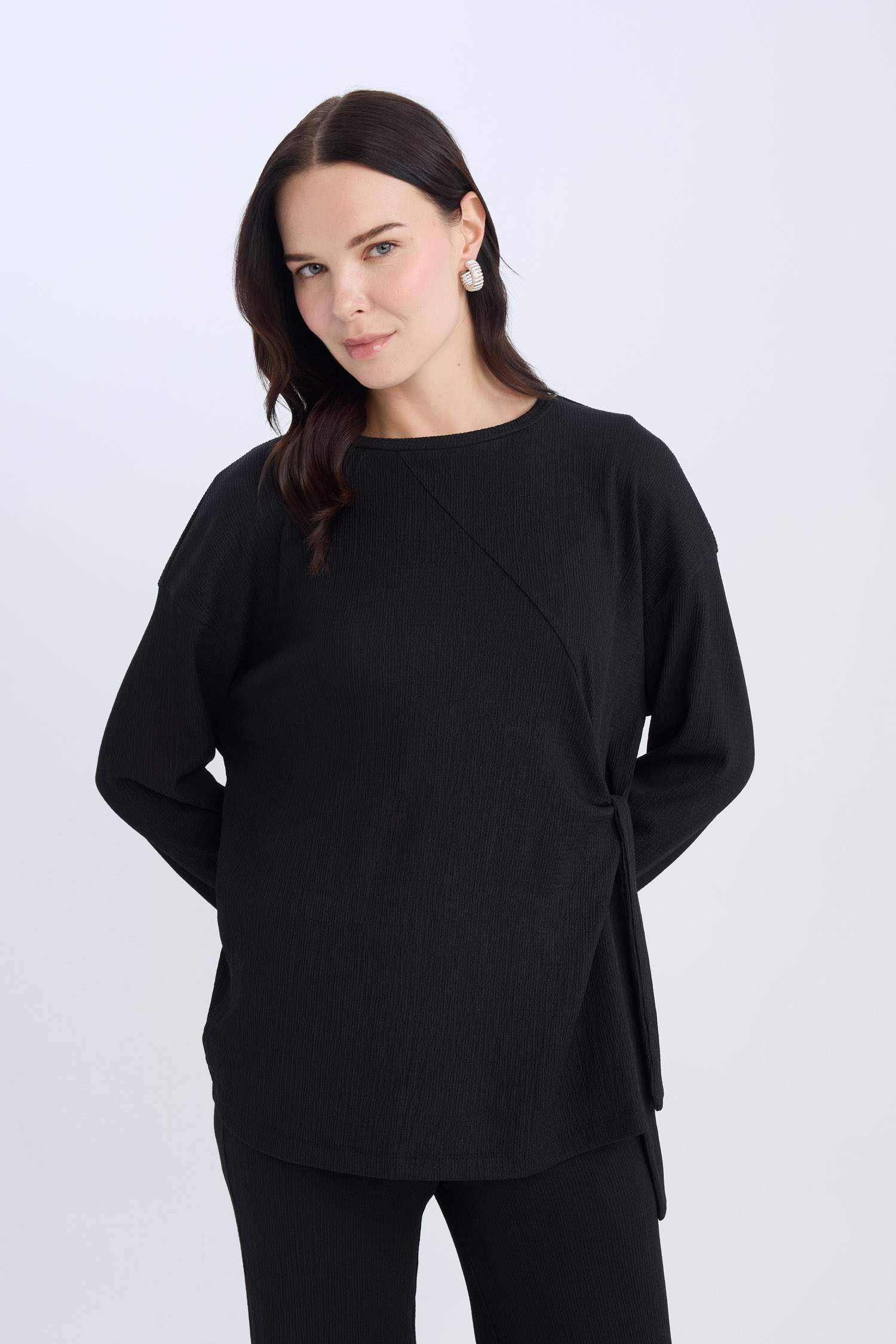 T-shirt basique à col rond et manches longues Coupe régulière