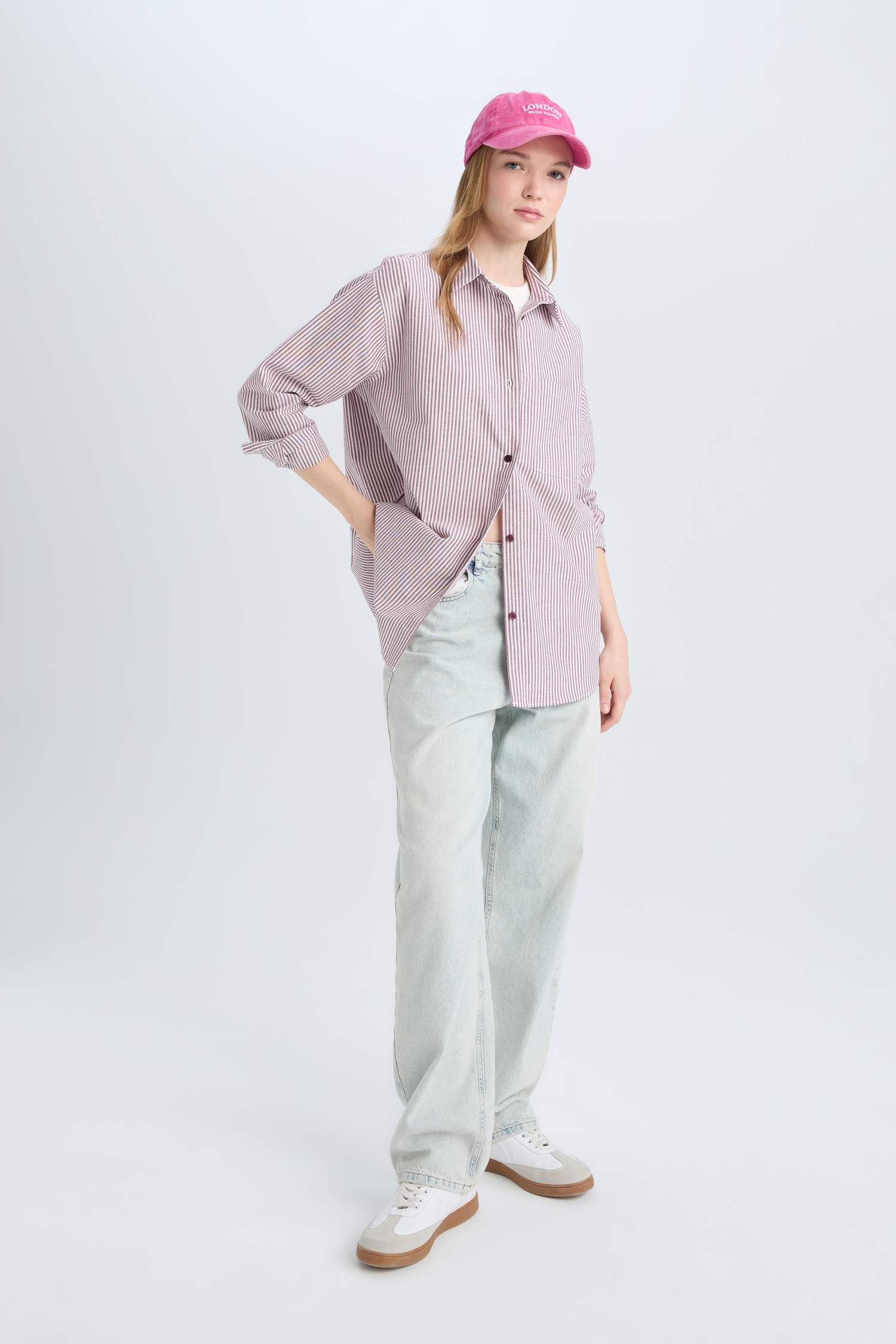 Coool Oversize Geniş Kalıp Çizgili Oxford Uzun Kollu Gömlek