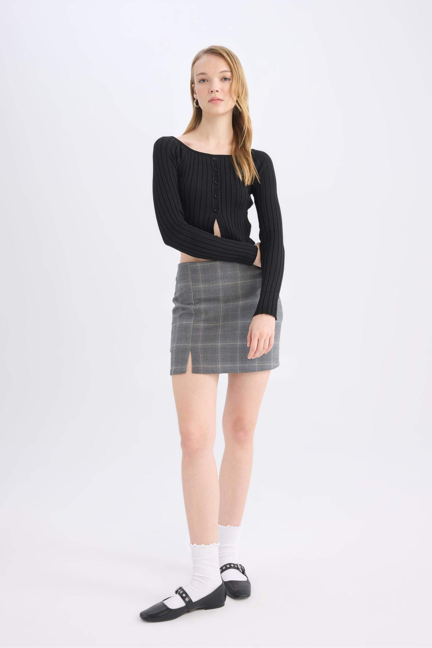 Kareli Yüksek Bel Mini Etek