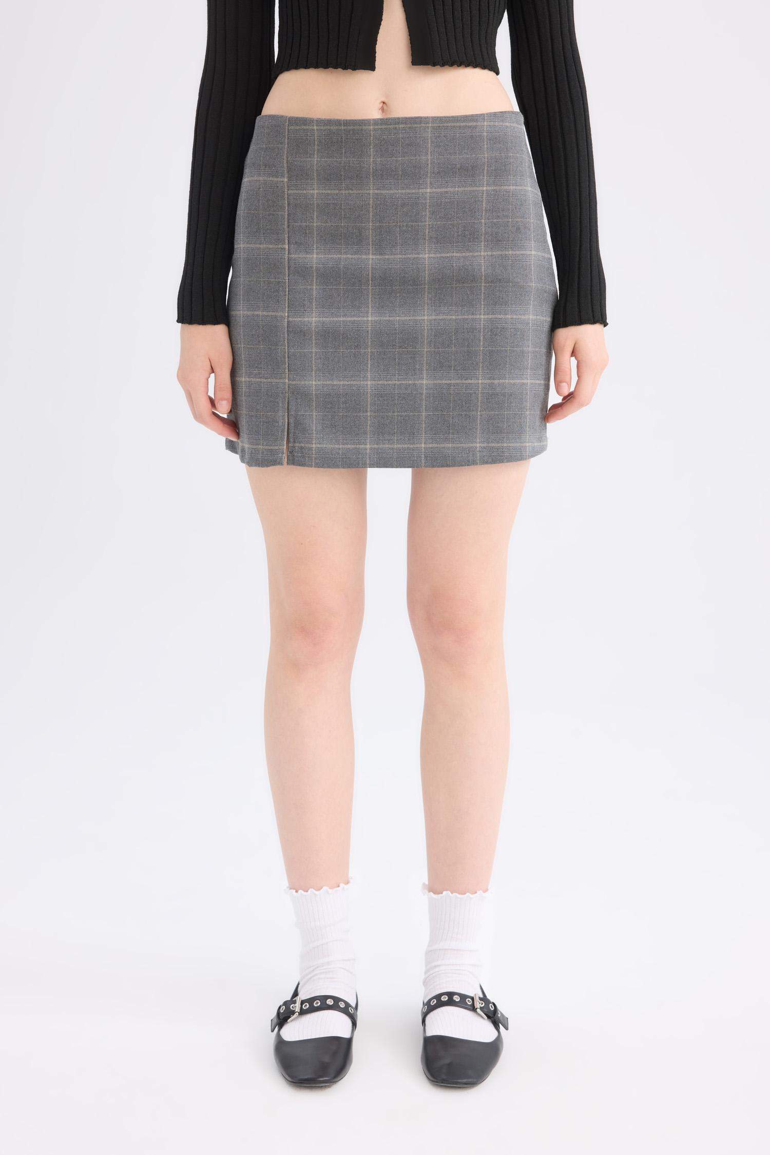 Kareli Yüksek Bel Mini Etek