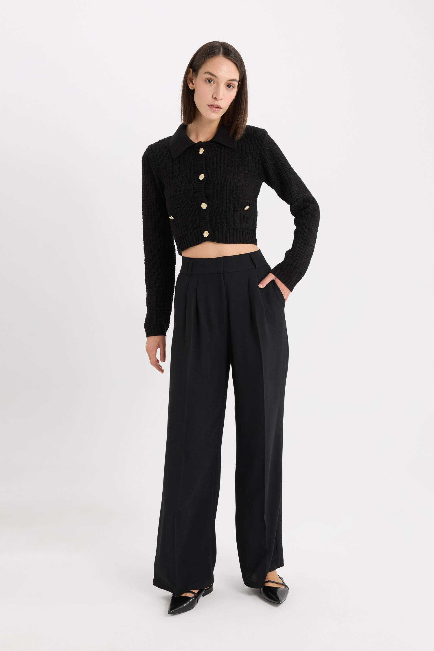 Crop Gömlek Yaka Düğmeli Triko Hırka