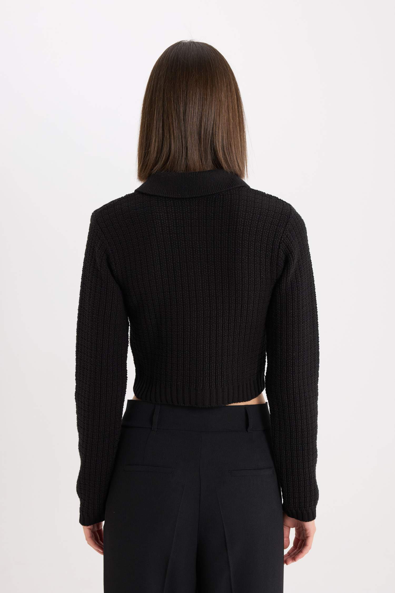 Crop Gömlek Yaka Düğmeli Triko Hırka