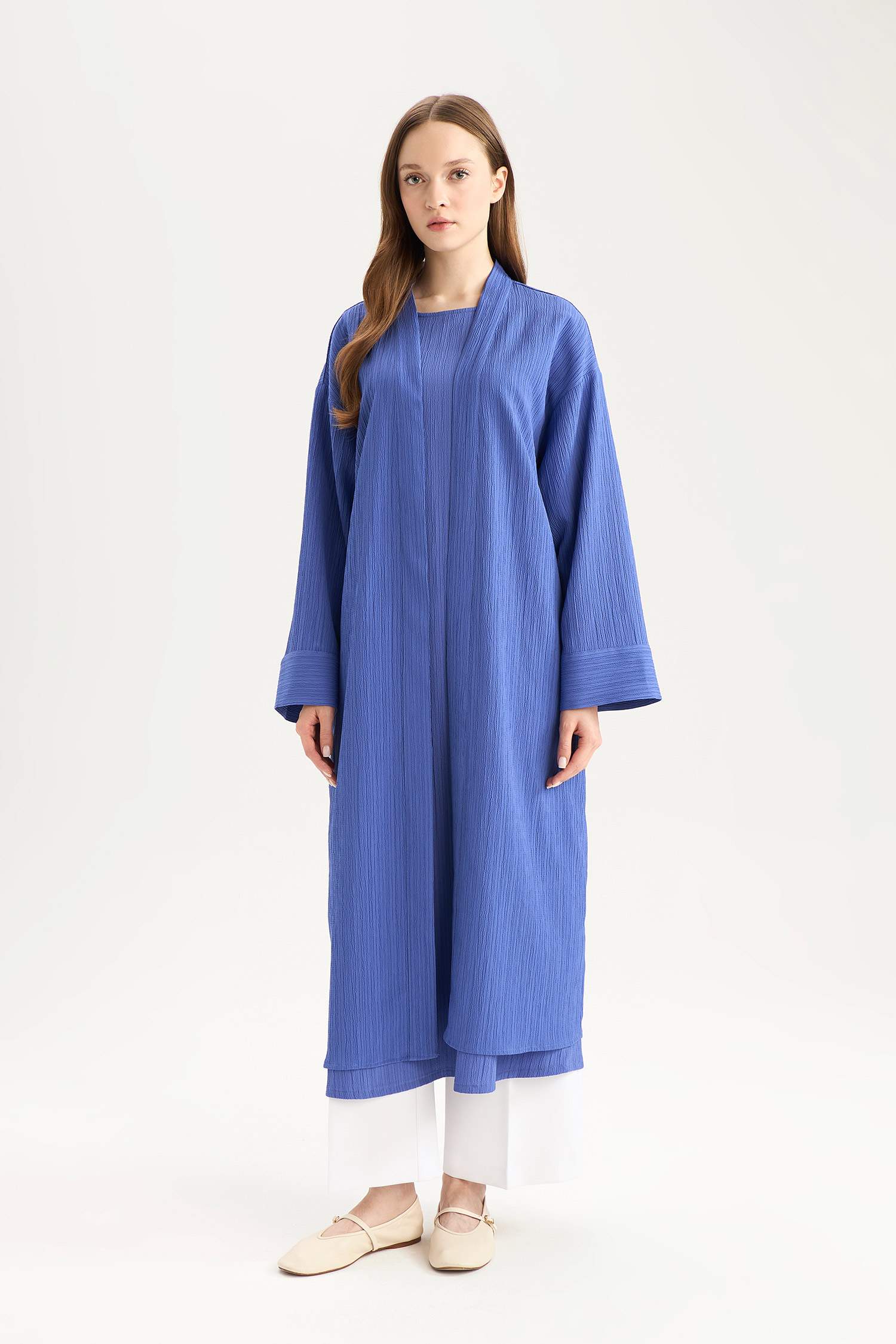 Relax Fit Şal Yaka Krinkıl Kumaş Uzun Kimono