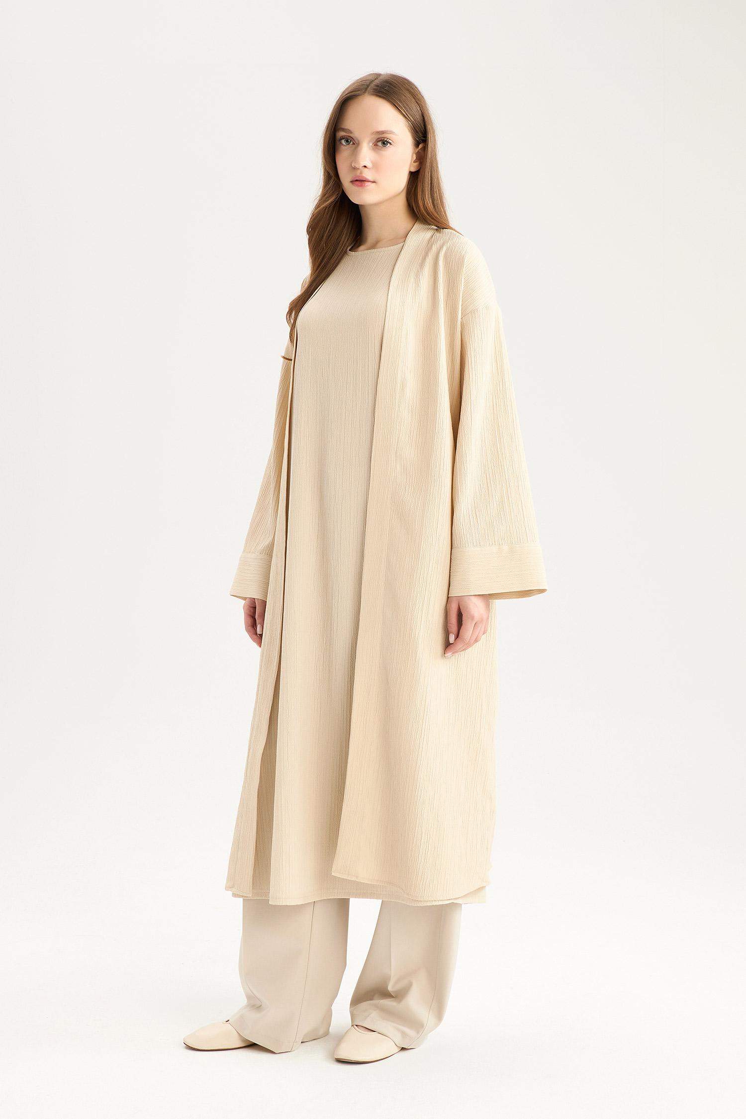 كيمونو قماش كرنكيل قصة مريحة بياخة مستديرة