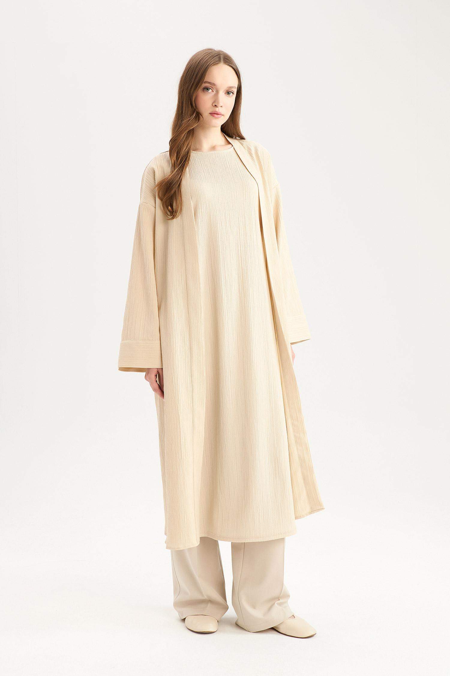 كيمونو قماش كرنكيل قصة مريحة بياخة مستديرة