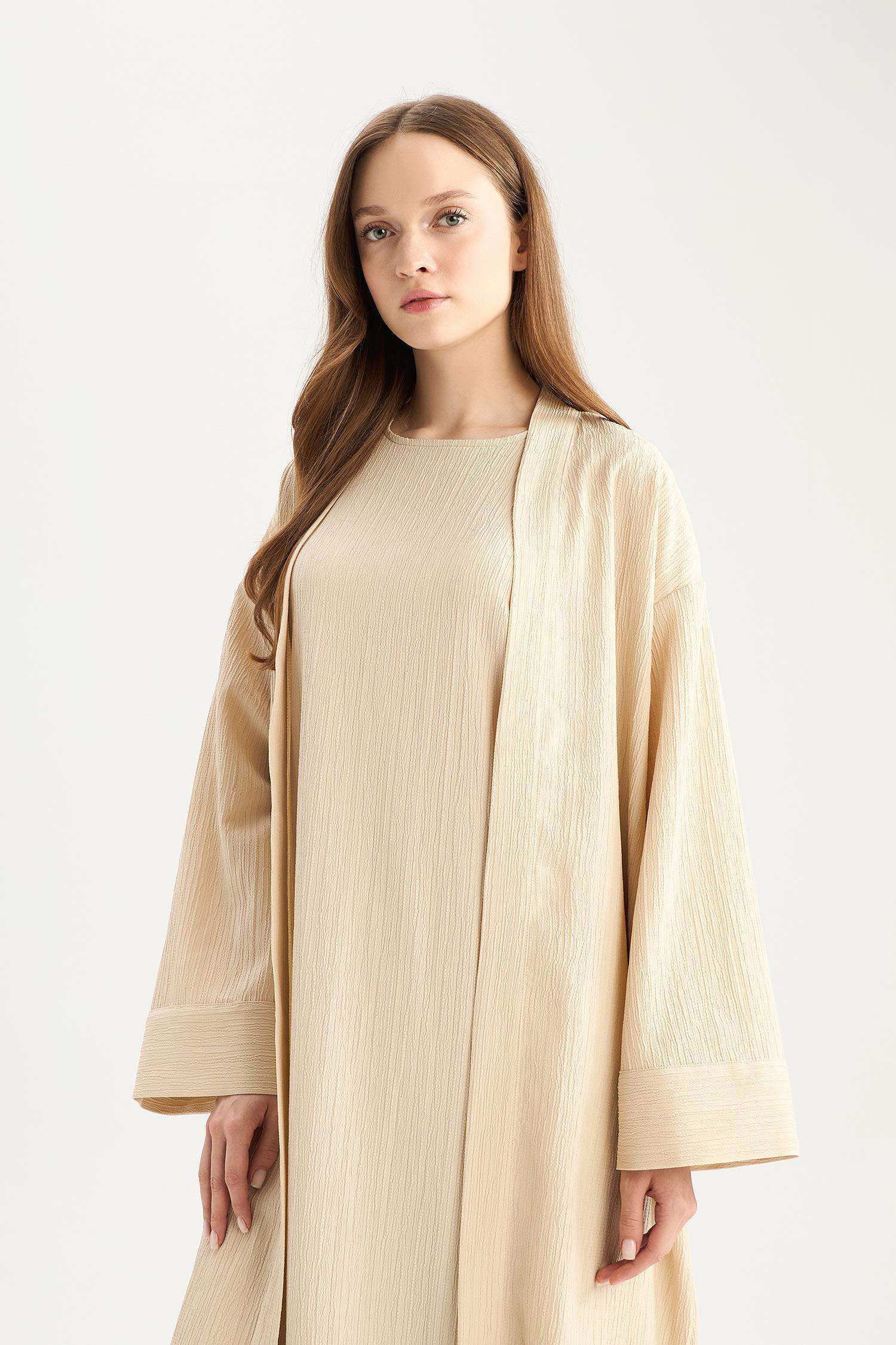 كيمونو قماش كرنكيل قصة مريحة بياخة مستديرة