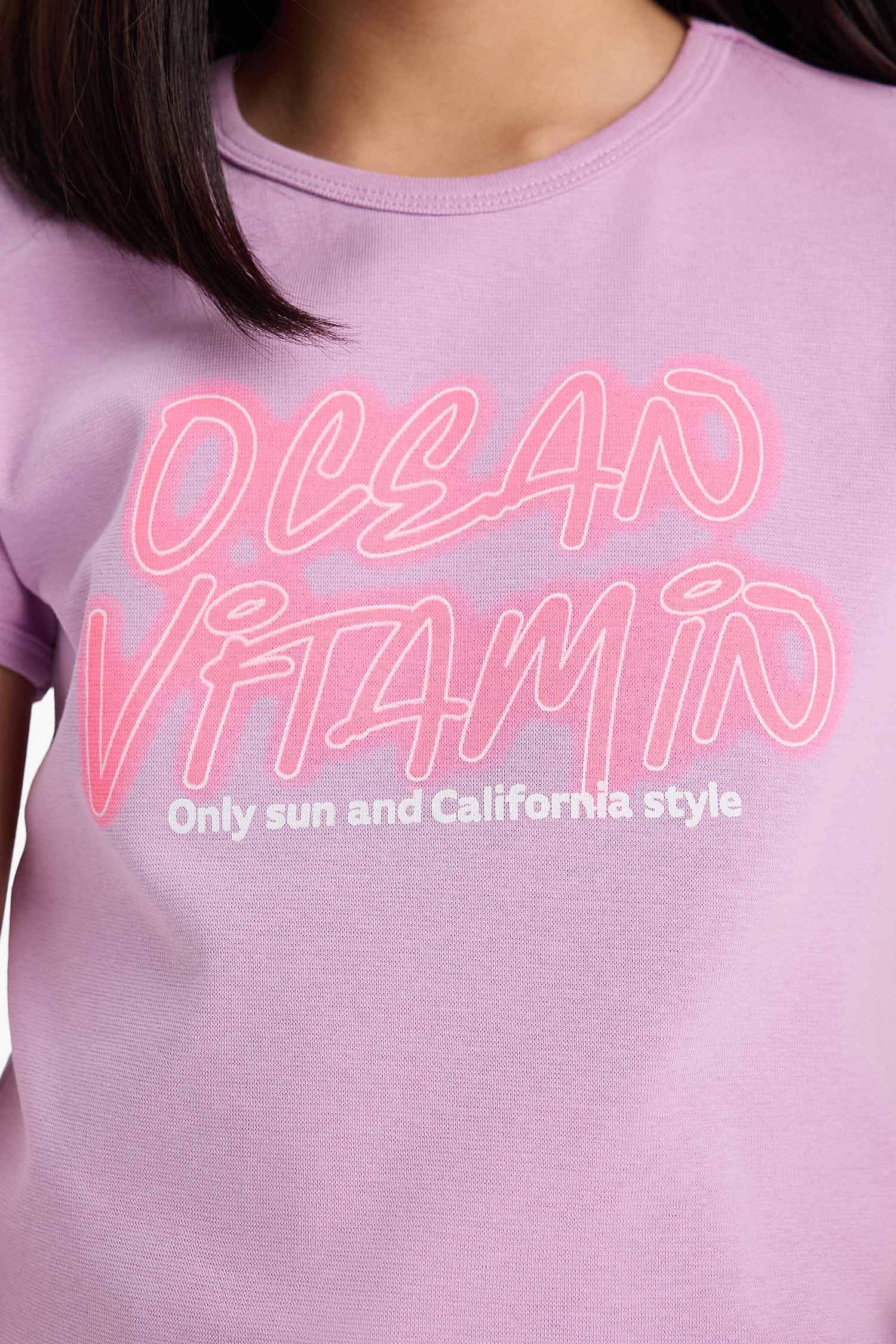 Kız Çocuk Fitted Bisiklet Yaka Baskılı Ribana Kısa Kollu Tişört