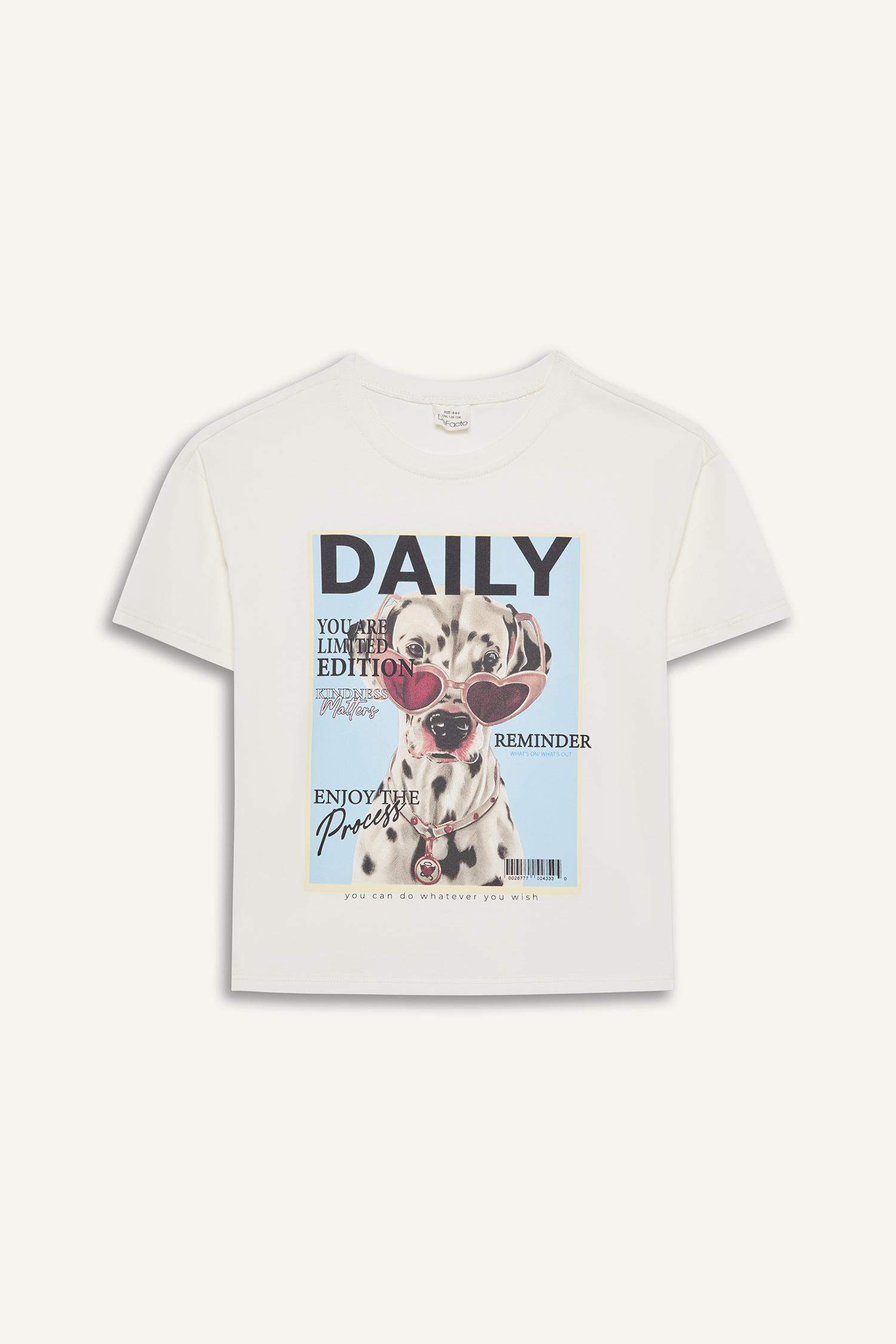 Kız Çocuk Relax Fit Bisiklet Yaka Baskılı Kısa Kollu Tişört