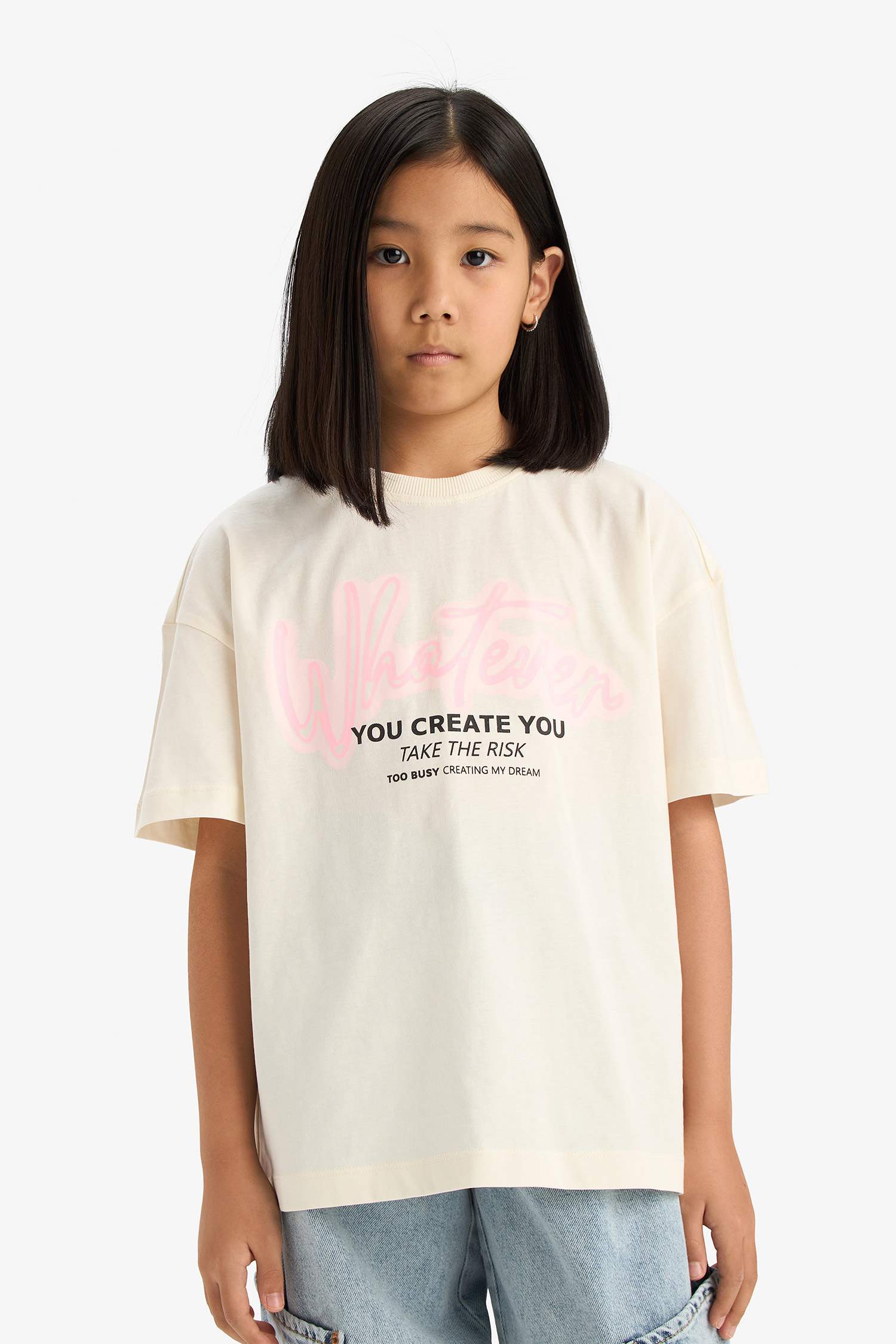 تيشيرت بنات نص كم اوفر سايز مطبوع برقبة مستديرة