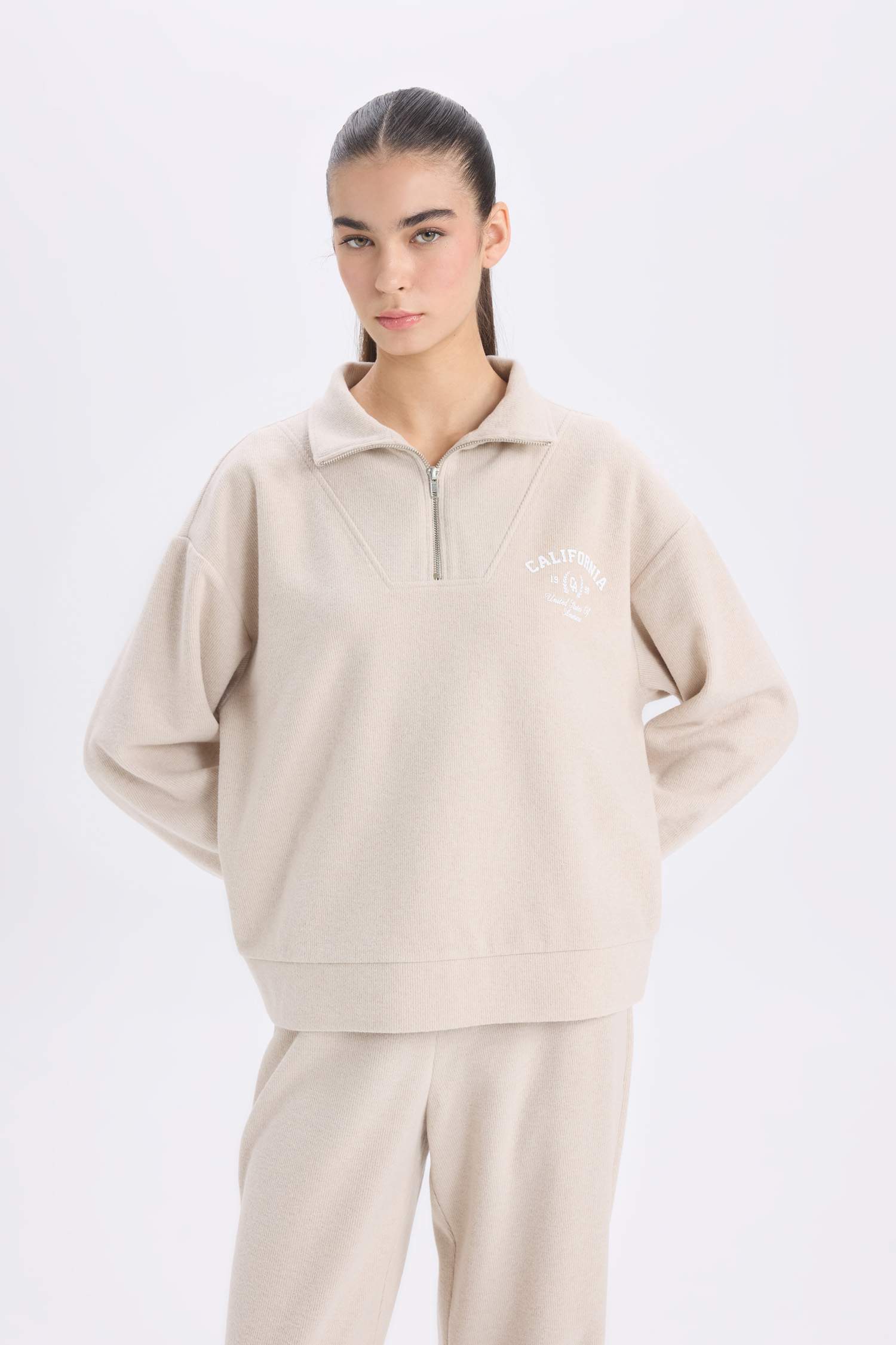 Regular Fit Yarım Fermuarlı Baskılı Sweatshirt