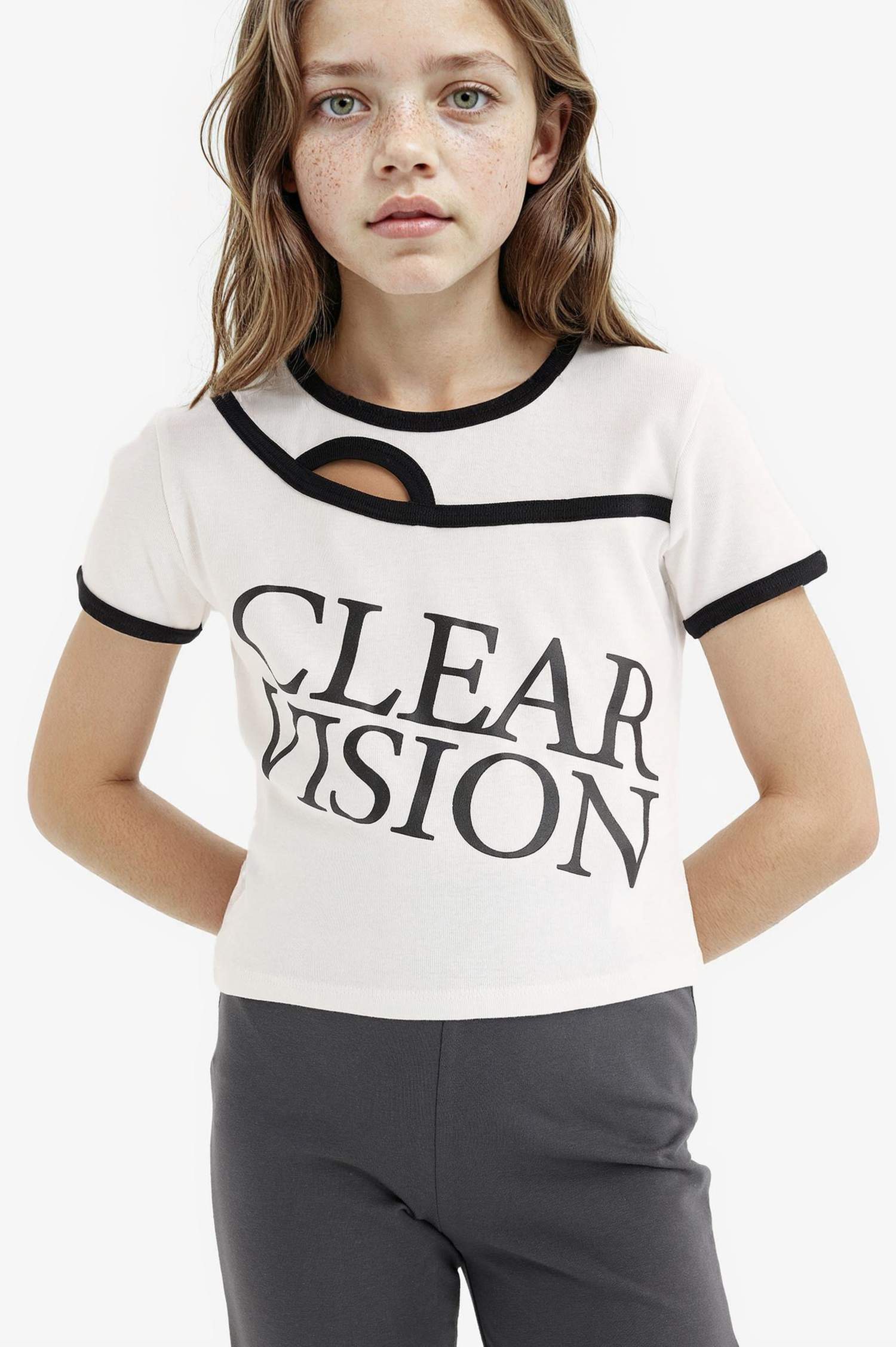 Girl Slim Fit Crew Neck Slogan Printed Corduroy T-Shirt