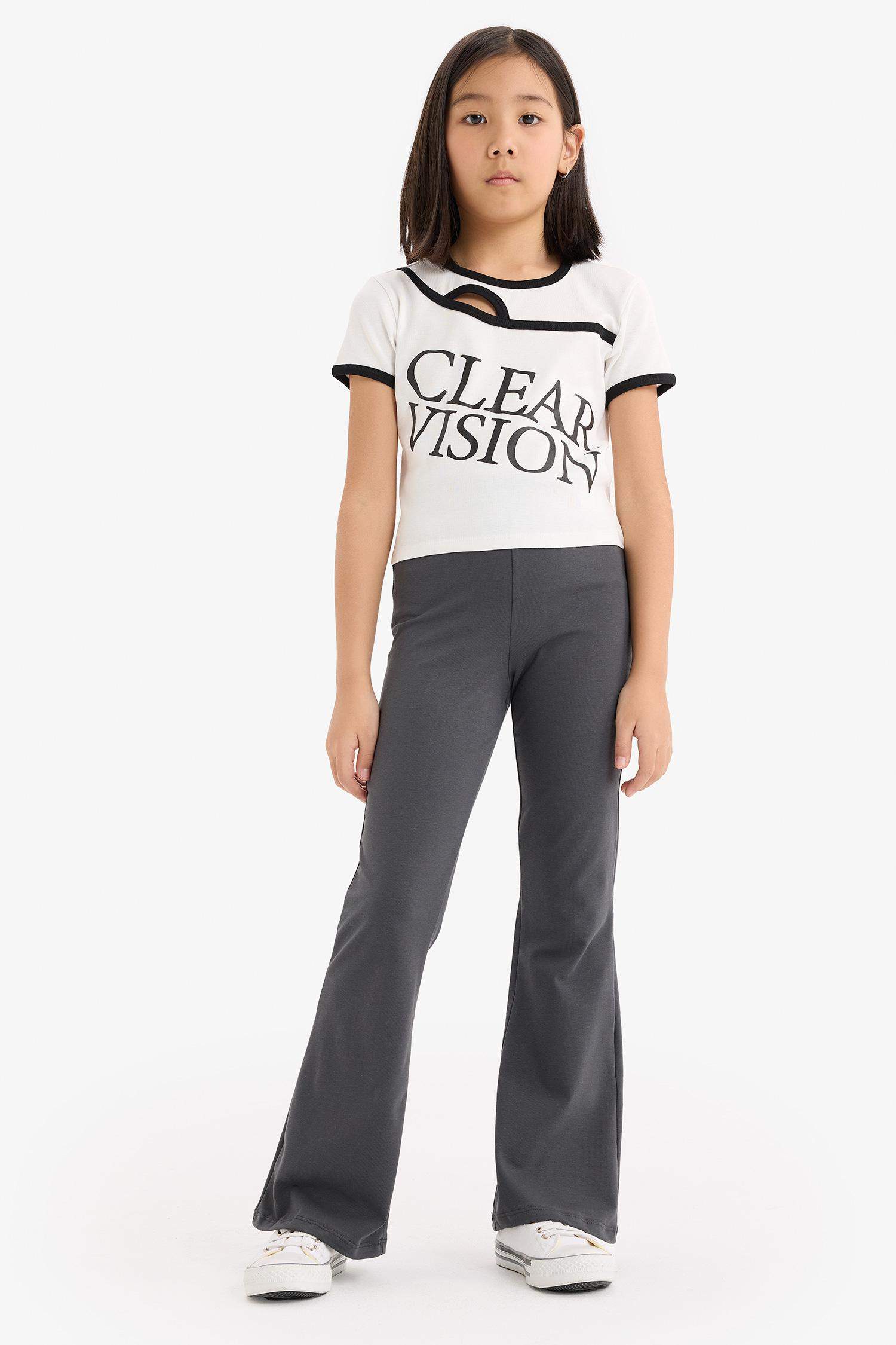 تيشيرت بنات نص كم سليم مضلع مطبوع برقبة مستديرة