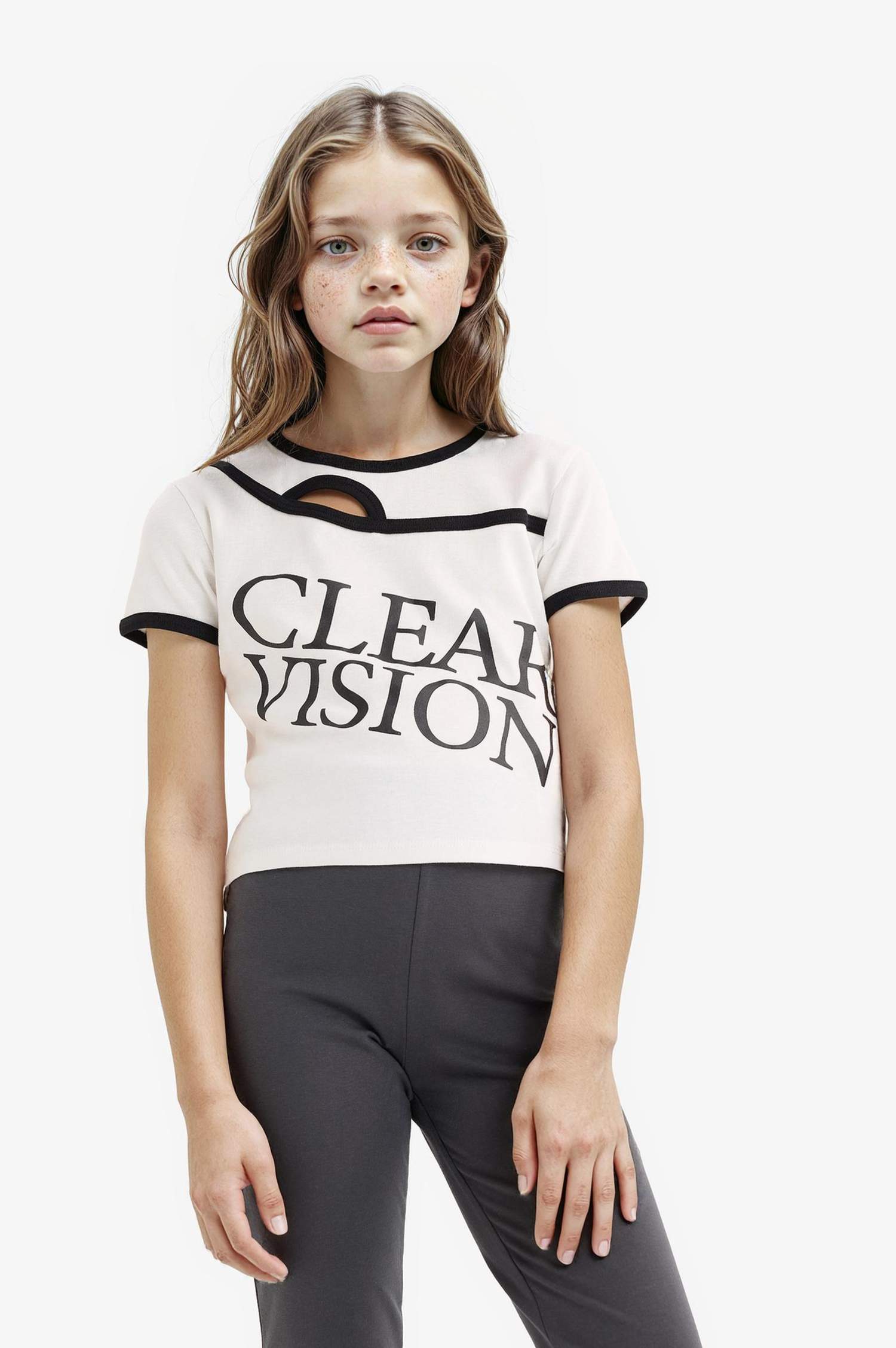 Girl Slim Fit Crew Neck Slogan Printed Corduroy T-Shirt