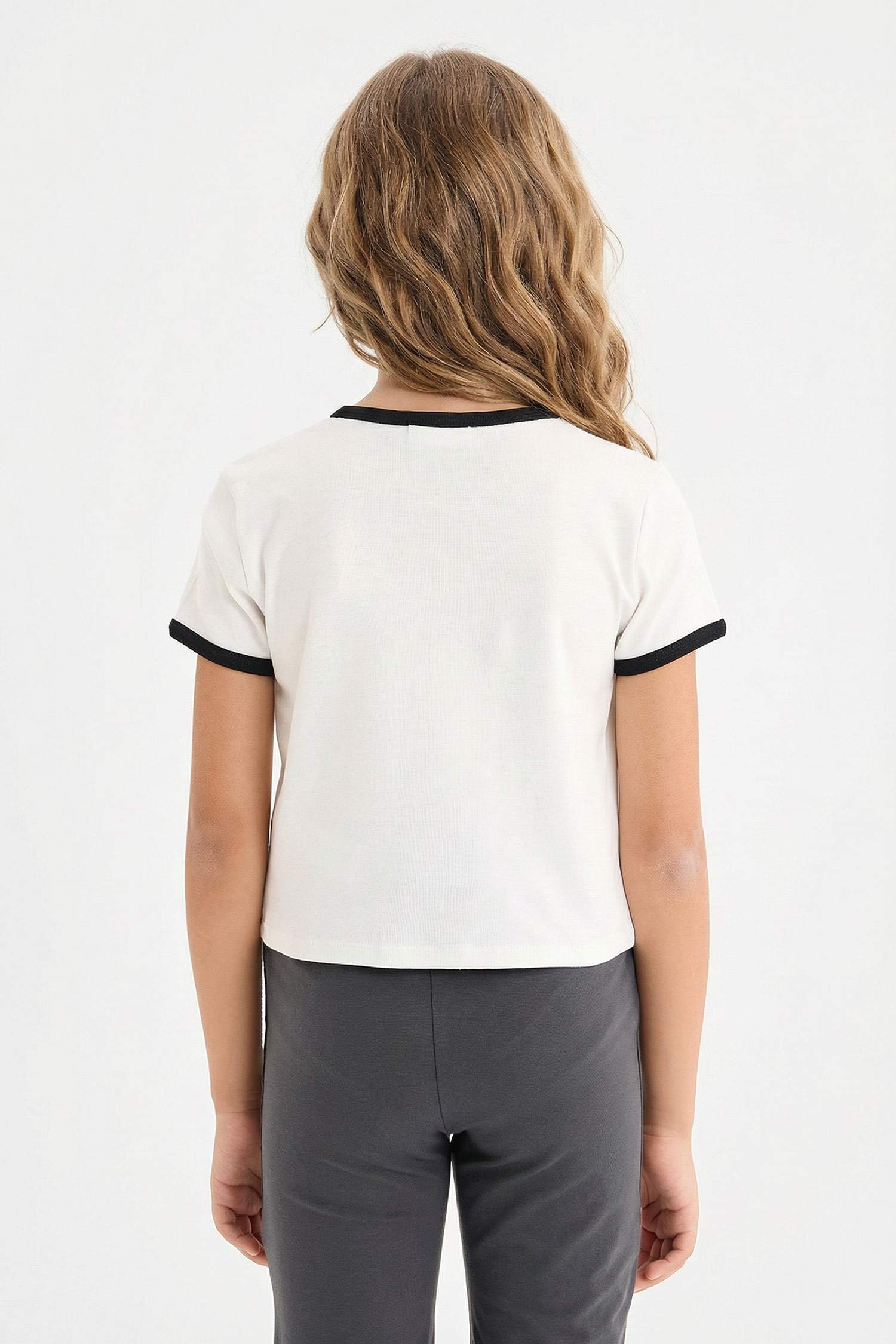 Girl Slim Fit Crew Neck Slogan Printed Corduroy T-Shirt