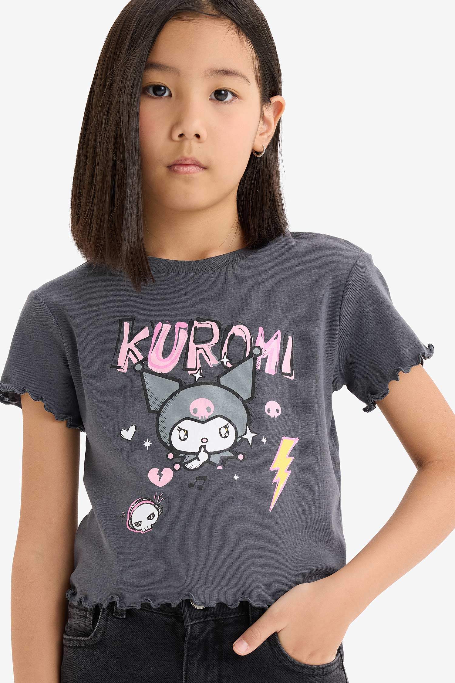 Girl Kuromi Crew Neck Ribbed Crop T-shirt