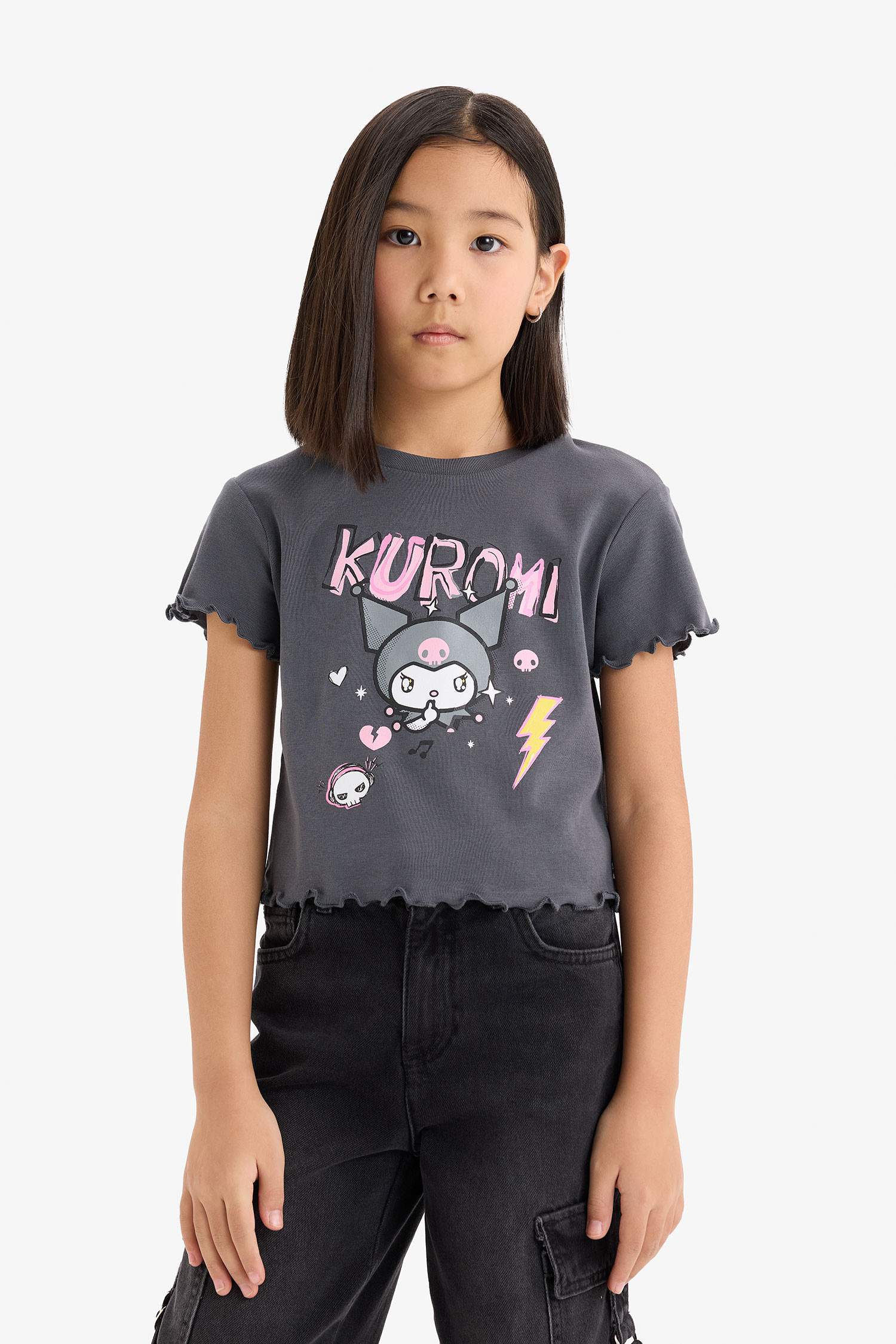 Girl Kuromi Crew Neck Ribbed Crop T-shirt