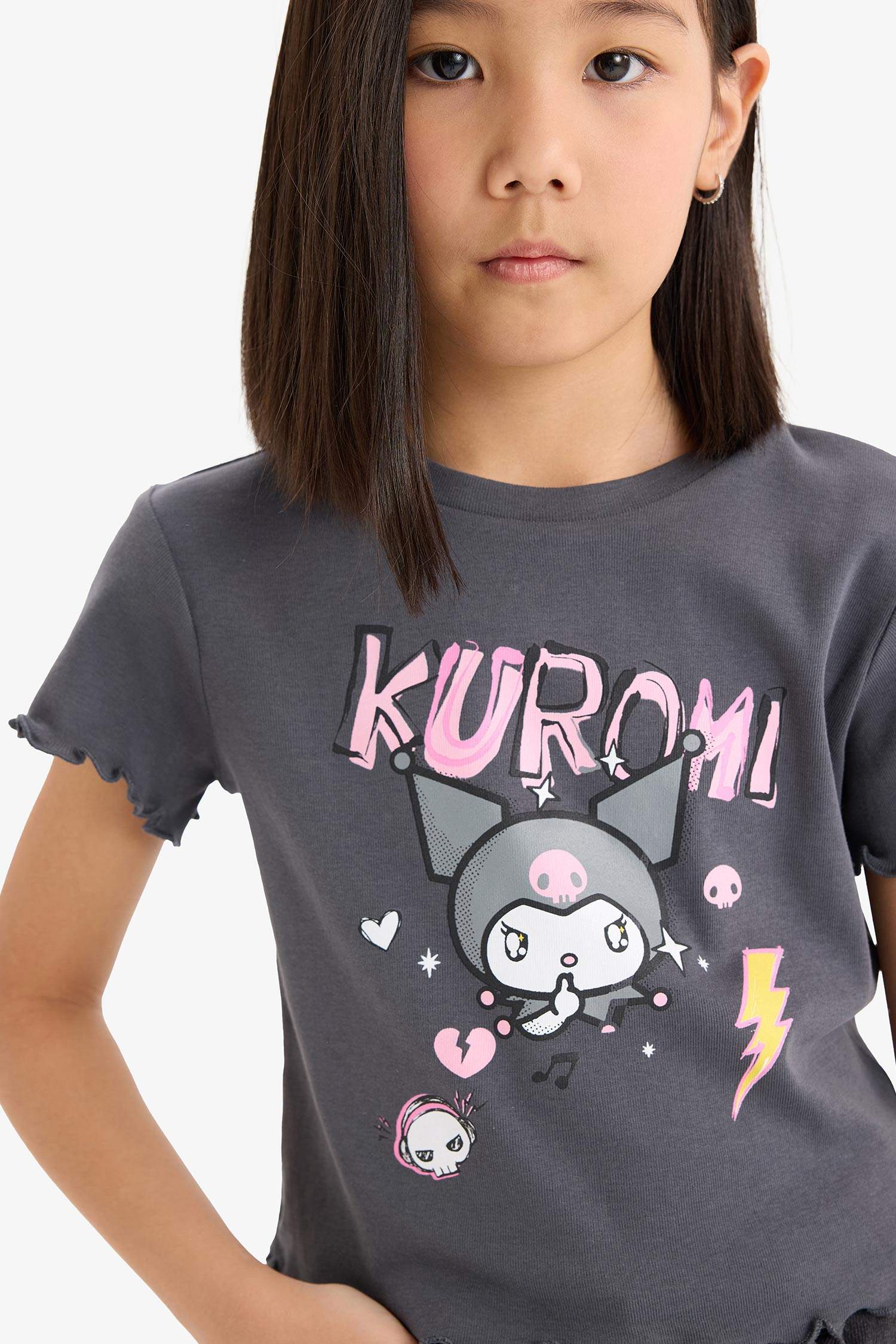 Girl Kuromi Crew Neck Ribbed Crop T-shirt