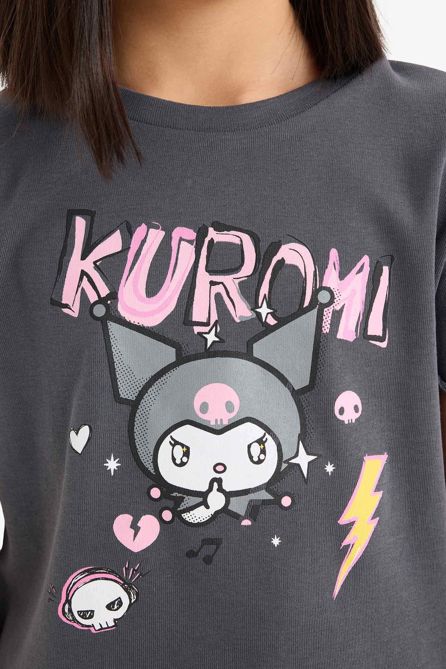 Girl Kuromi Crew Neck Ribbed Crop T-shirt