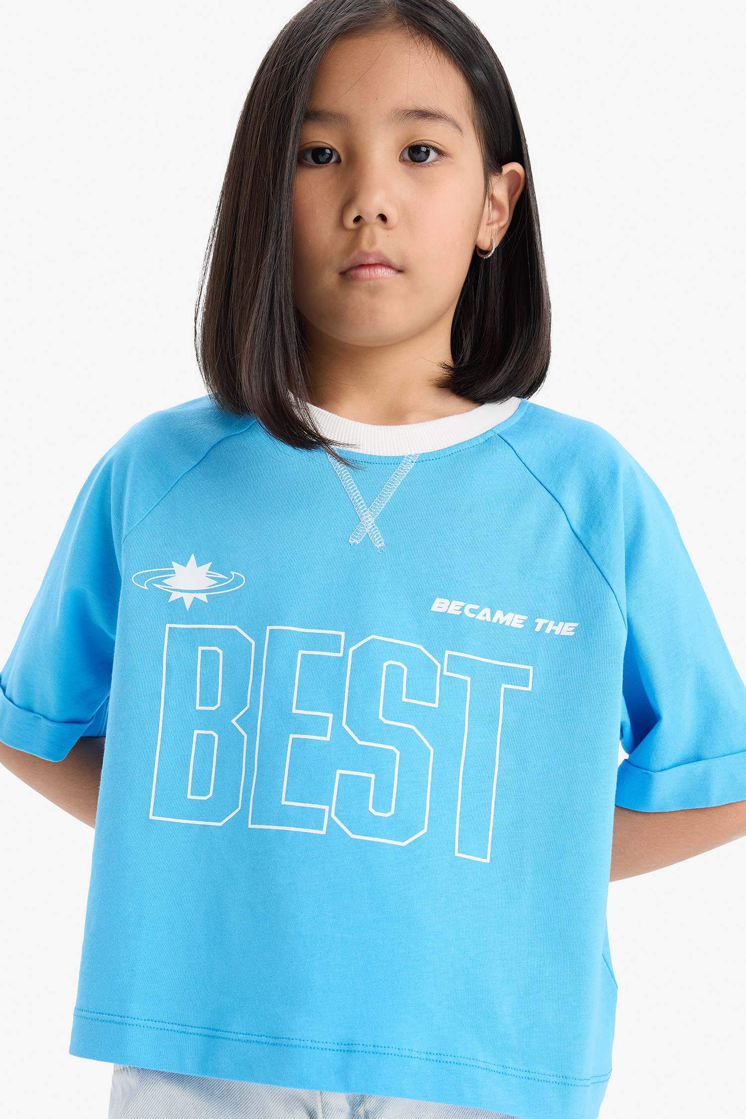 Kız Çocuk Boxy Fit Bisiklet Yaka Baskılı Kısa Kollu Tişört