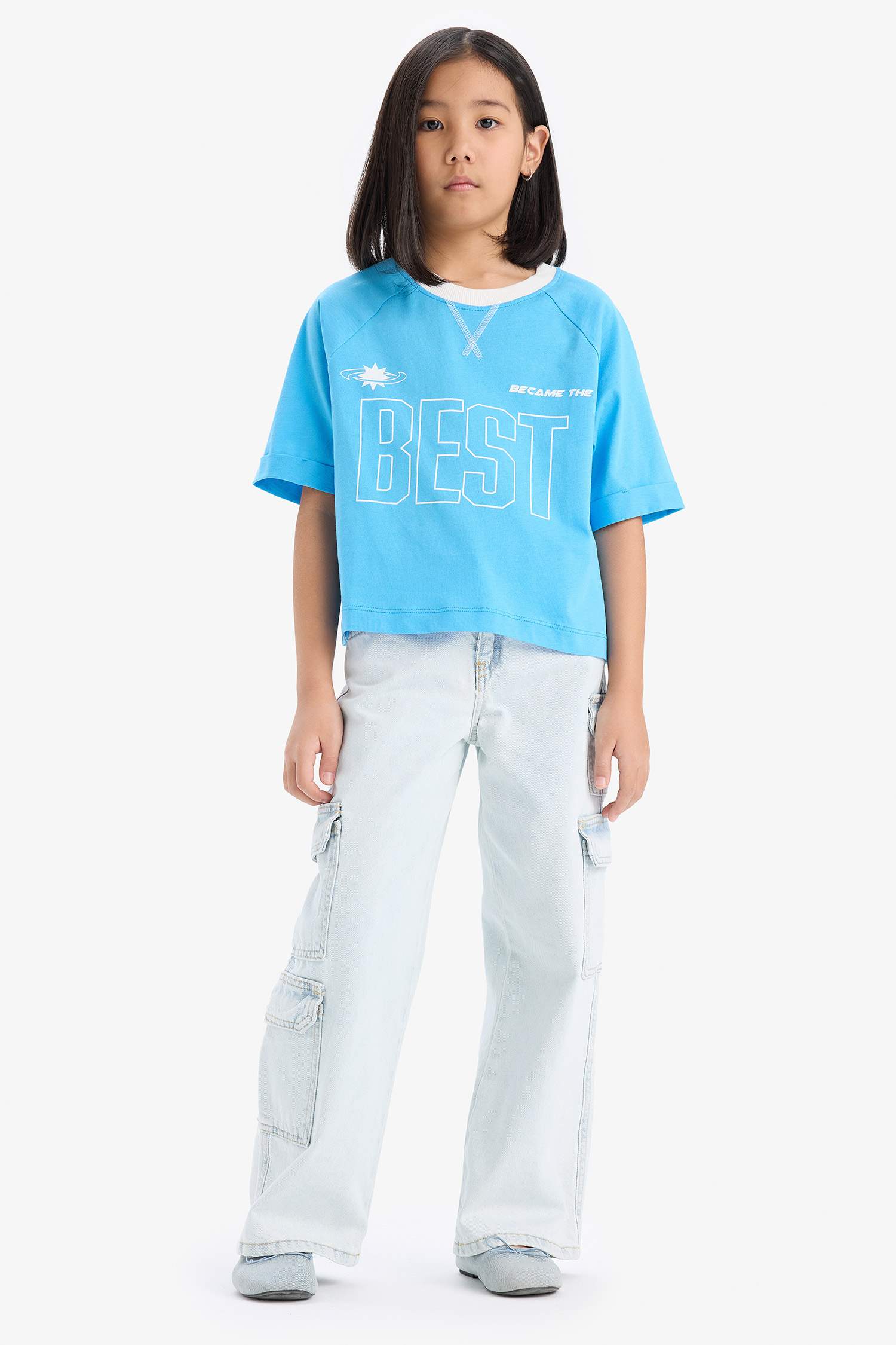 Kız Çocuk Boxy Fit Bisiklet Yaka Baskılı Kısa Kollu Tişört