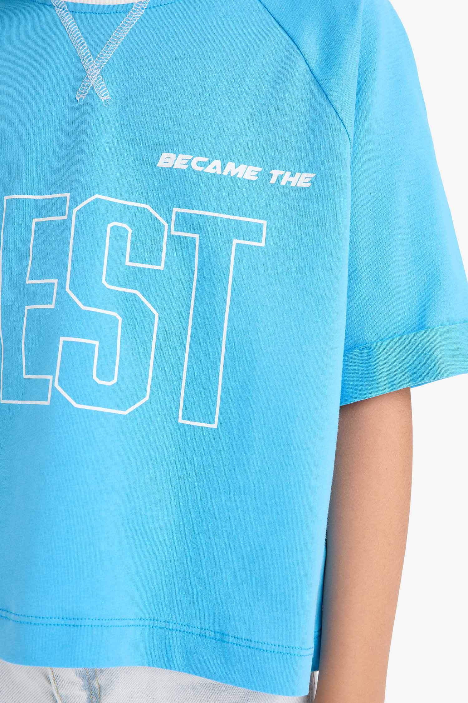 Kız Çocuk Boxy Fit Bisiklet Yaka Baskılı Kısa Kollu Tişört