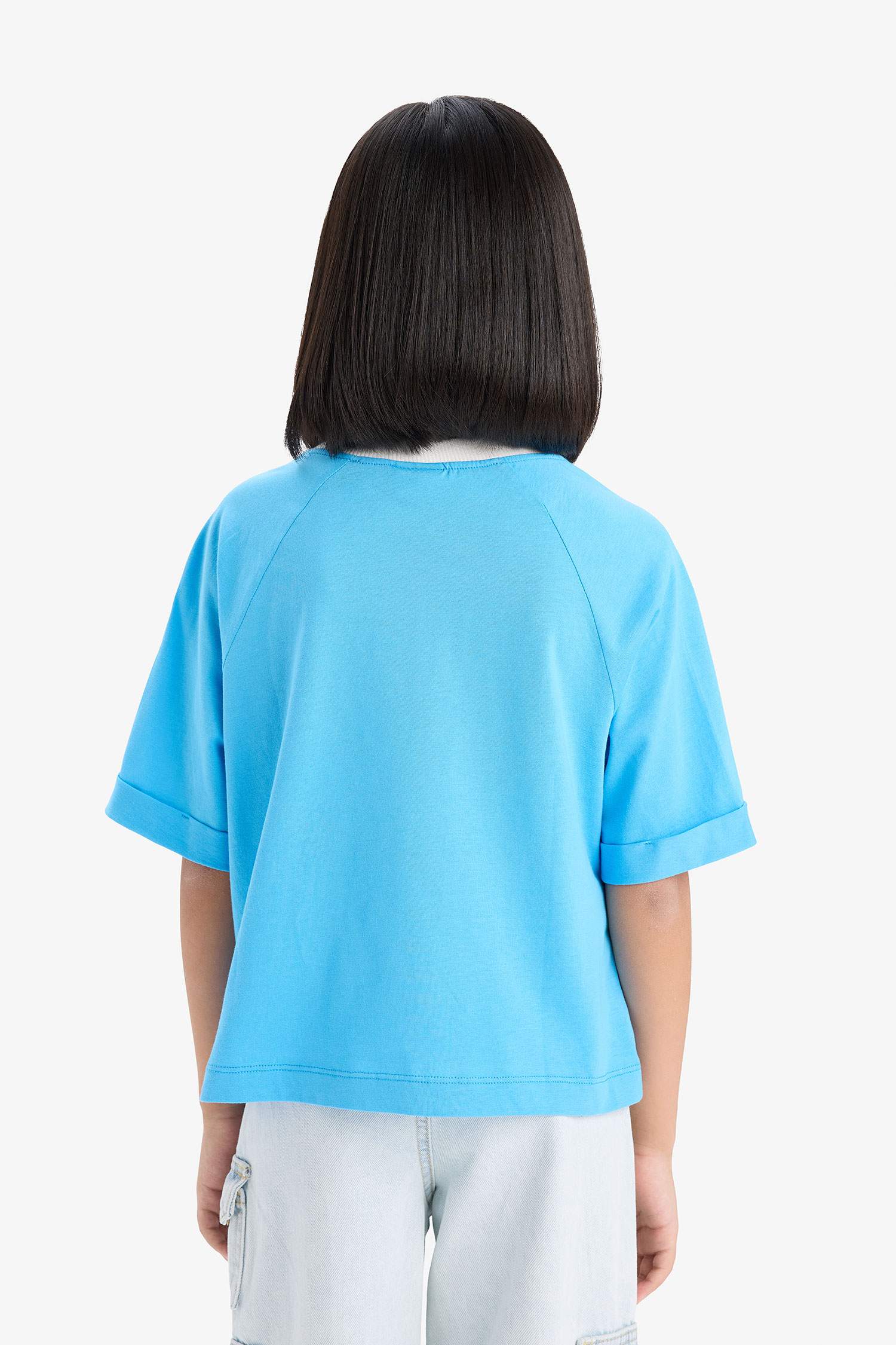 Kız Çocuk Boxy Fit Bisiklet Yaka Baskılı Kısa Kollu Tişört