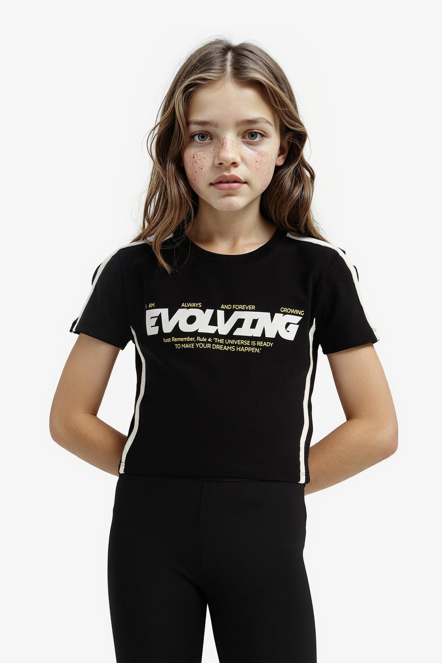 Kız Çocuk Slim Fit Dar Kesim Bisiklet Yaka Baskılı Fitilli Kaşkorse Kısa Kollu Tişört