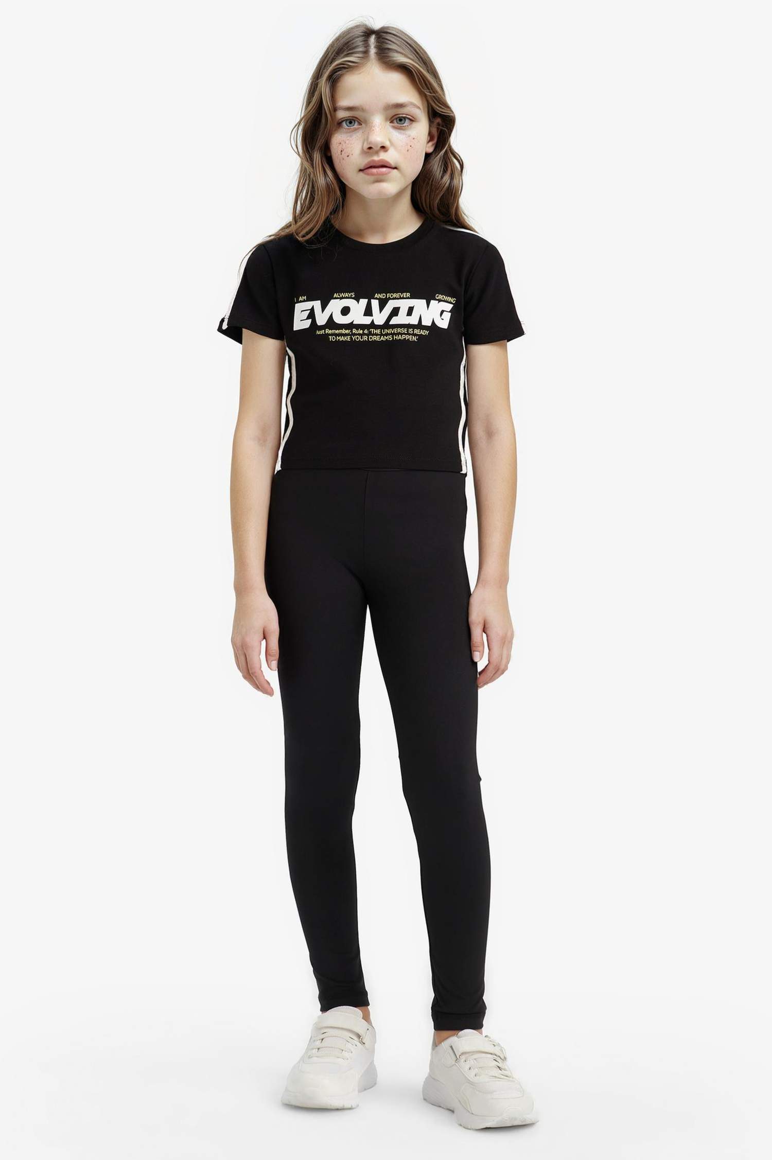 Kız Çocuk Slim Fit Dar Kesim Bisiklet Yaka Baskılı Fitilli Kaşkorse Kısa Kollu Tişört