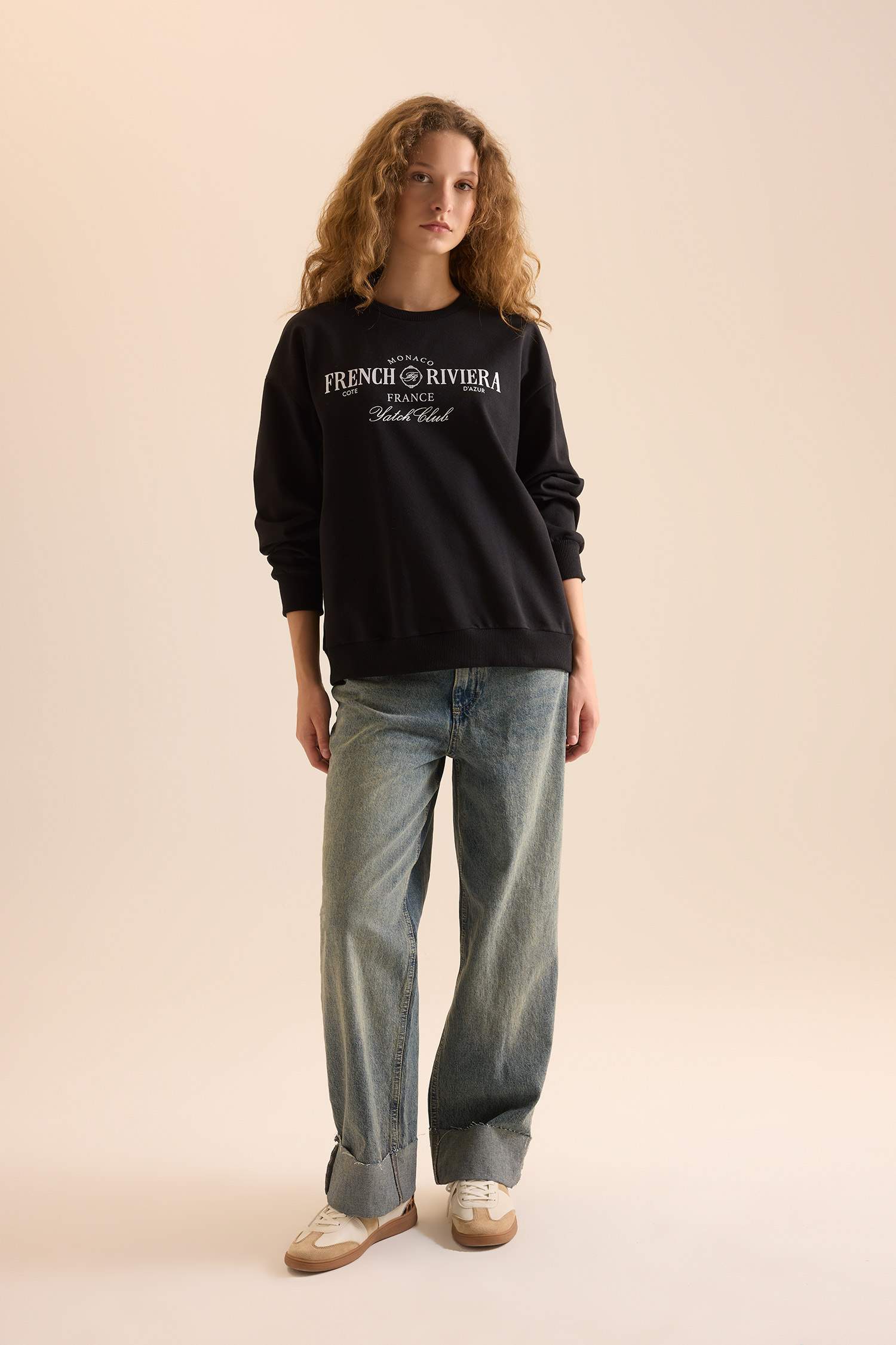 Relax Fit Bisiklet Yaka Baskılı Sweatshirt