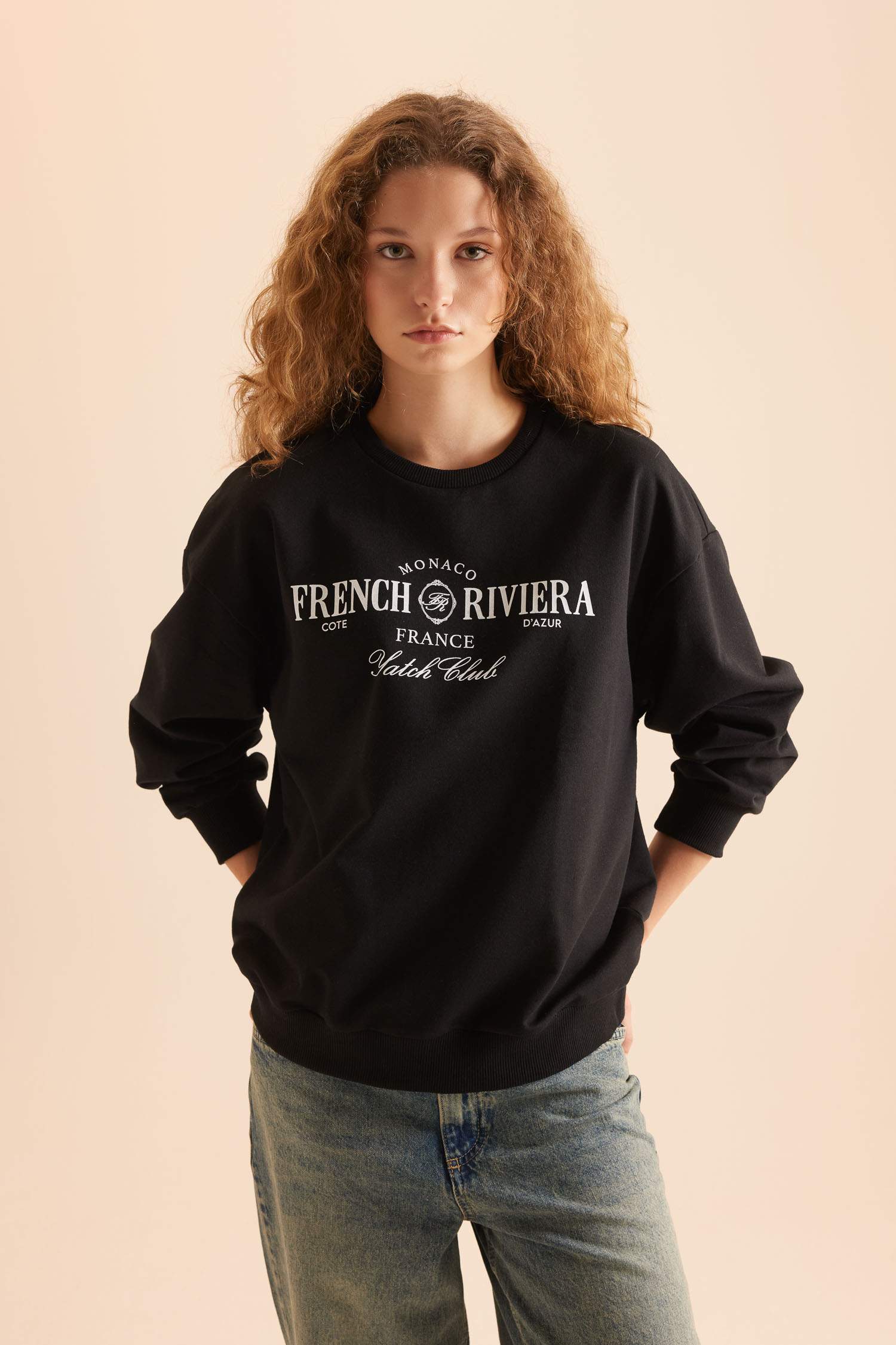 Relax Fit Bisiklet Yaka Baskılı Sweatshirt