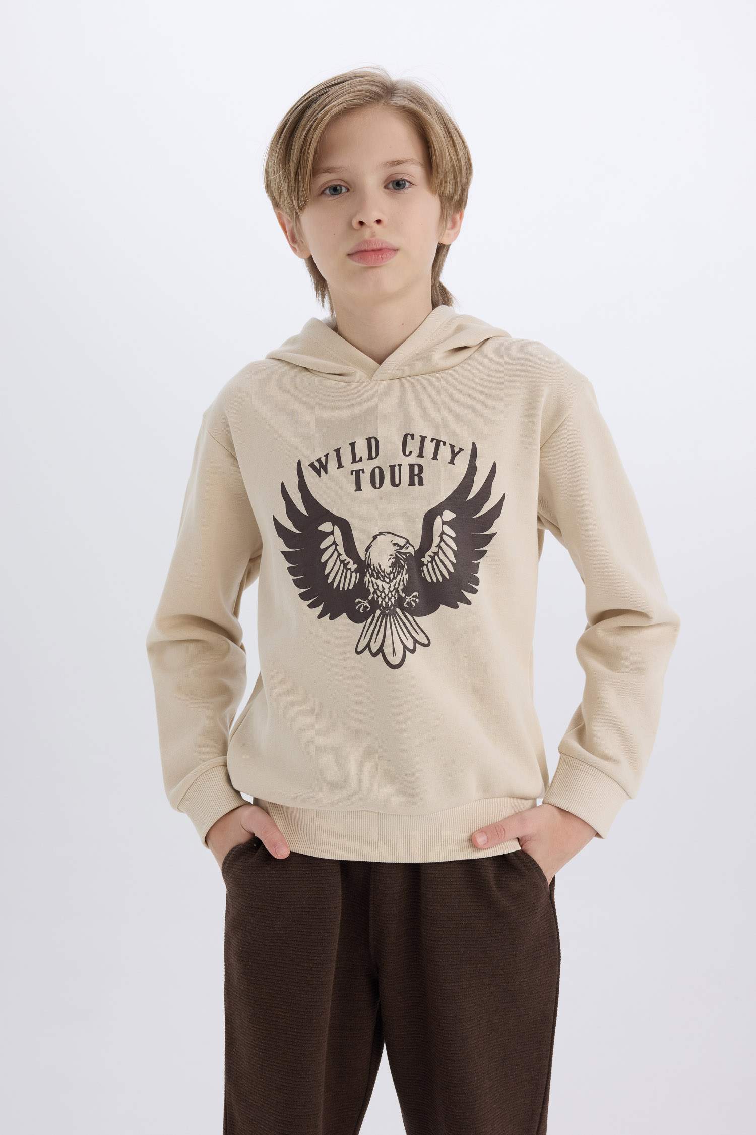 Erkek Çocuk 2'li Takım Kapüşonlu Baskılı Sweatshirt Beli Lastikli Eşofman Altı