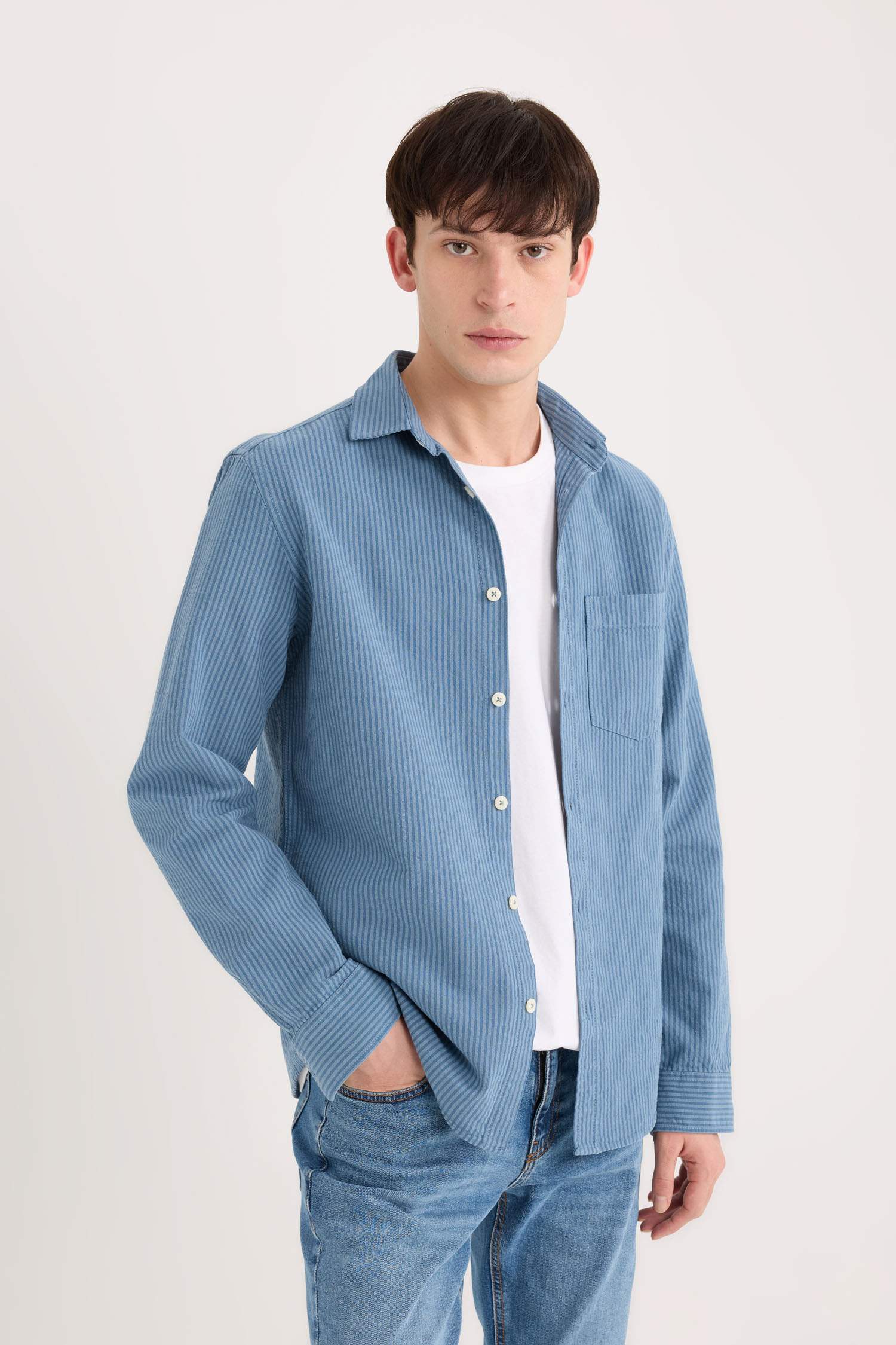 Regular Fit Çizgili Pamuklu Uzun Kollu Gömlek