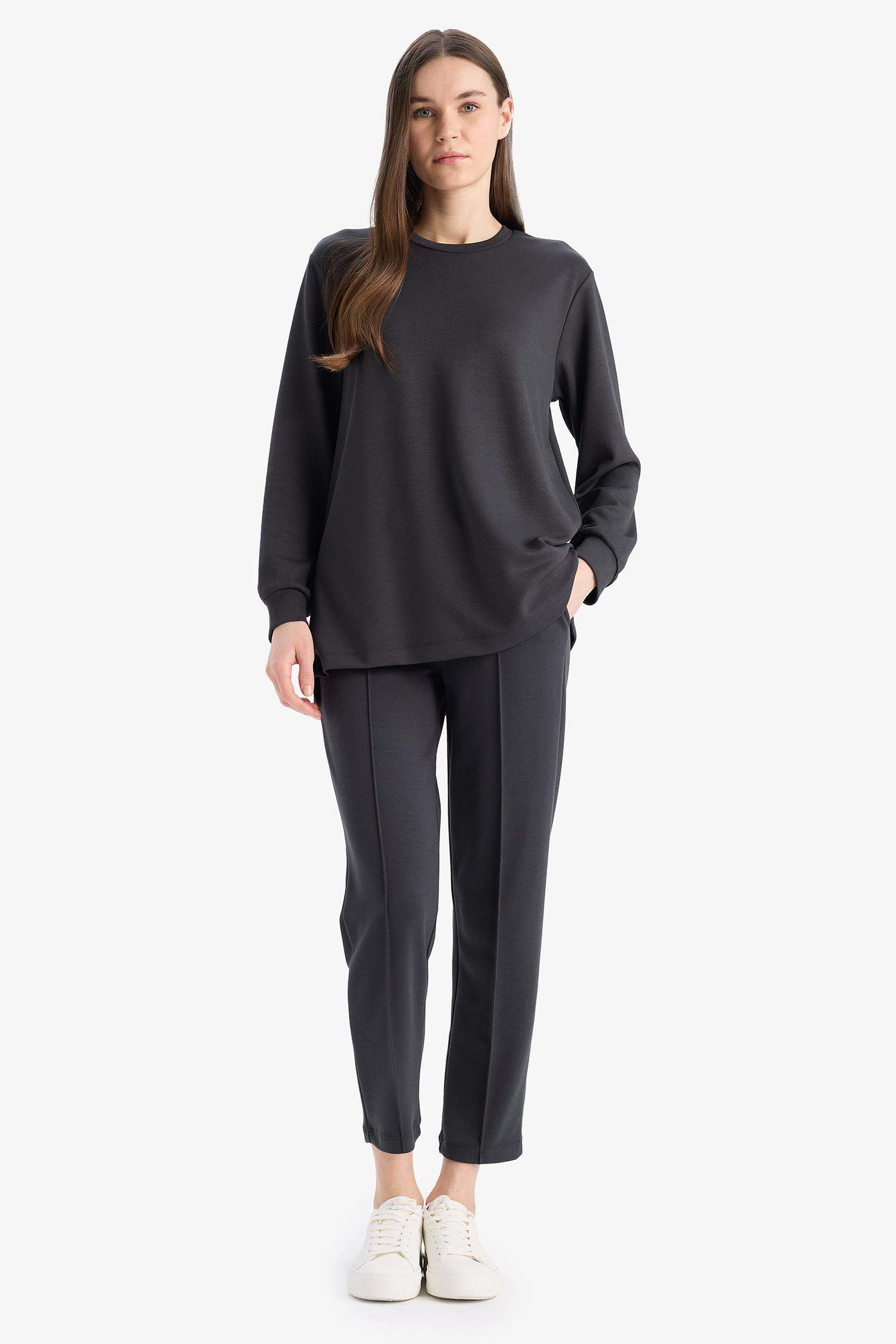 Regular Fit Beli Lastikli Cepli Basic Düz Pantolon