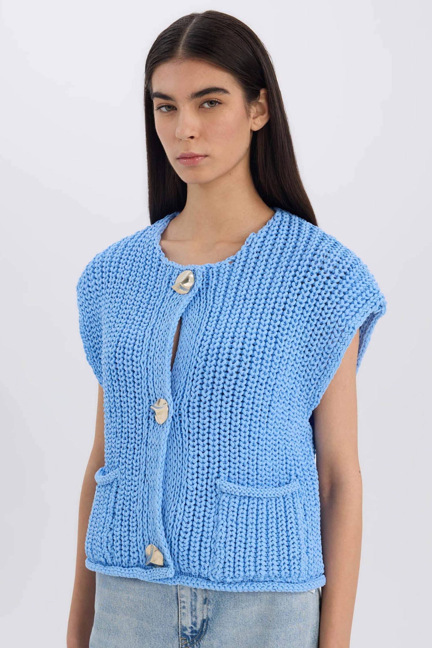 Relax Fit Düğmeli Cepli Triko Yelek