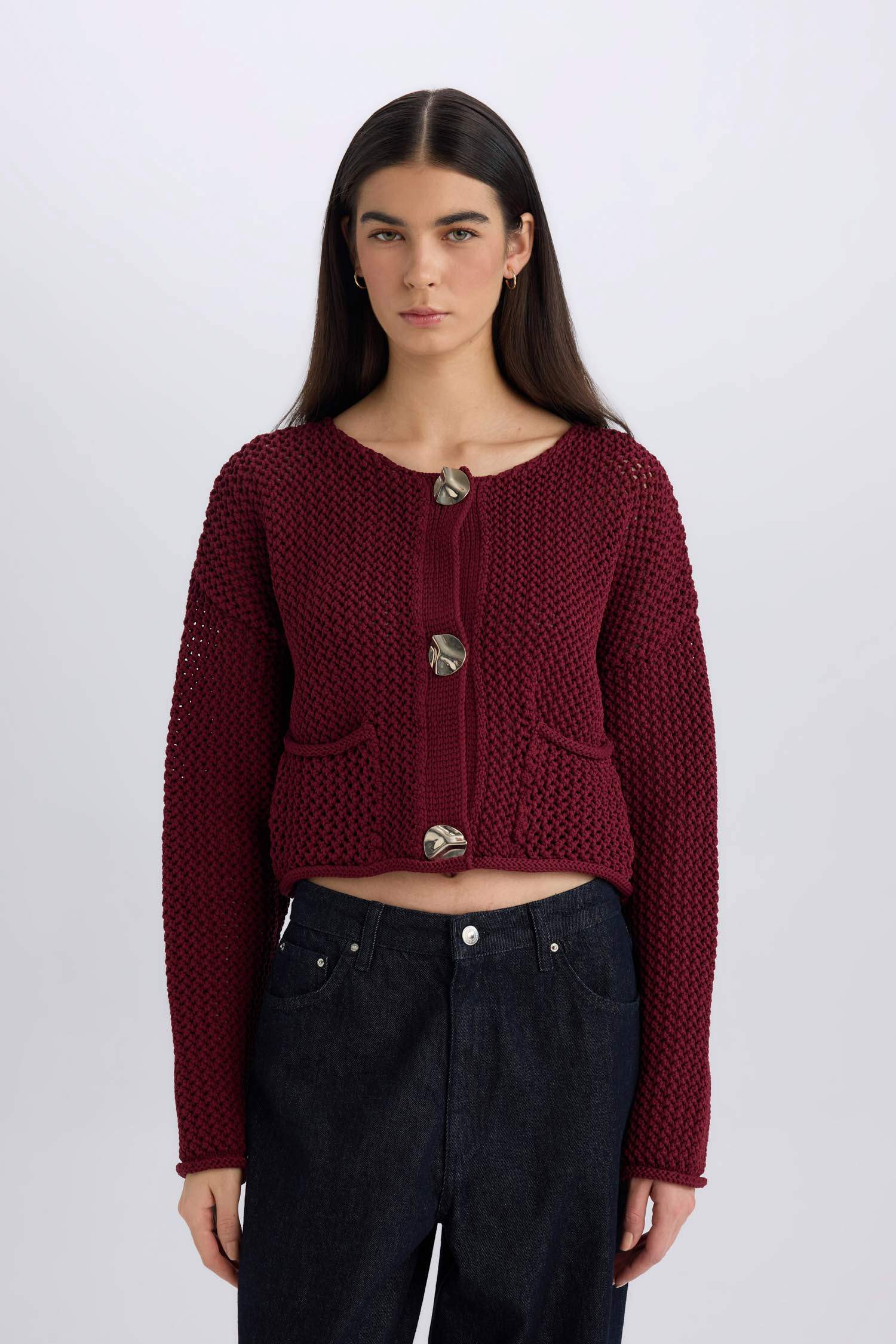 Relax Fit Bisiklet Yaka Düğmeli Örgü Desenli Triko Hırka