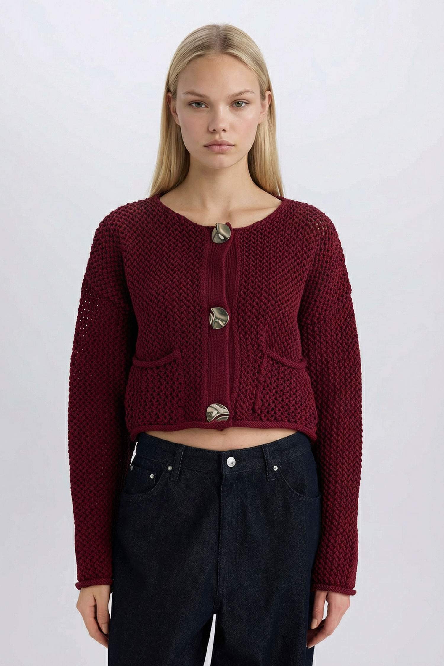 Relax Fit Bisiklet Yaka Düğmeli Örgü Desenli Triko Hırka